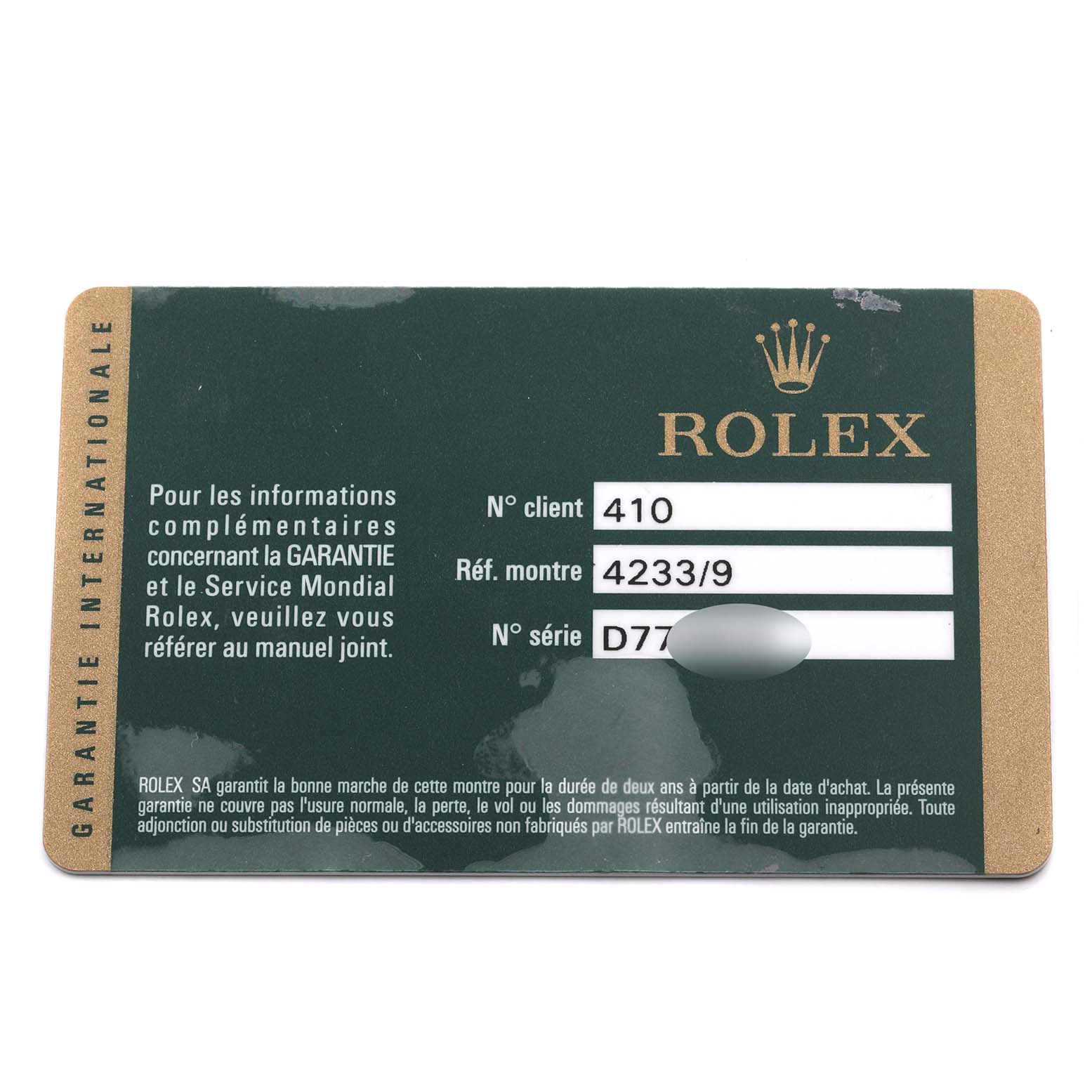 This image shows the warranty card for a Rolex Cellini 4233/9 Men's White Gold White Dial 4233/9 Men's White Gold White Dial watch, listing client number, reference number, and serial number.