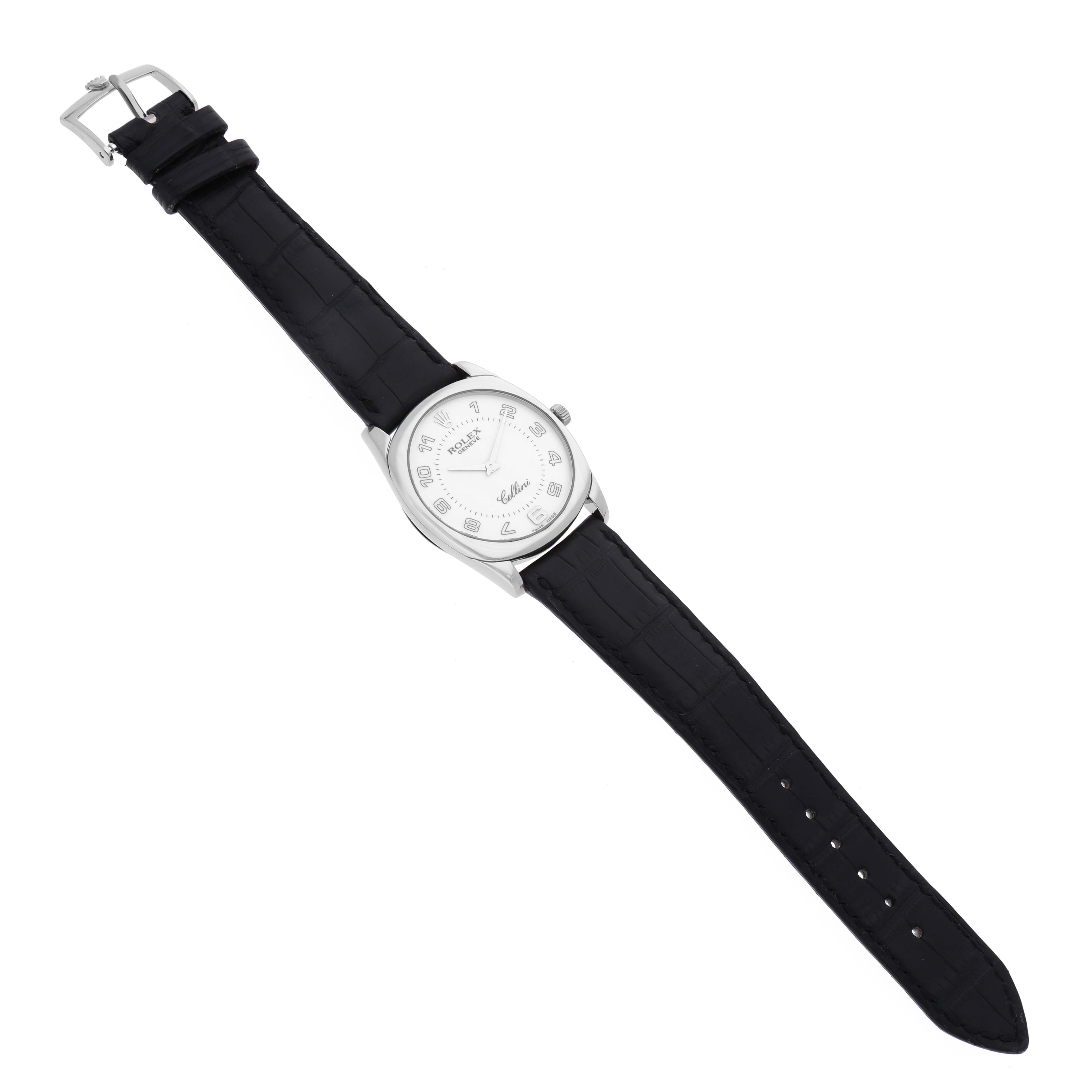 The image shows a top view of a Rolex Cellini 4233/9 Men's White Gold White Dial 4233/9 Men's White Gold White Dial watch featuring its dial, case, and leather strap.