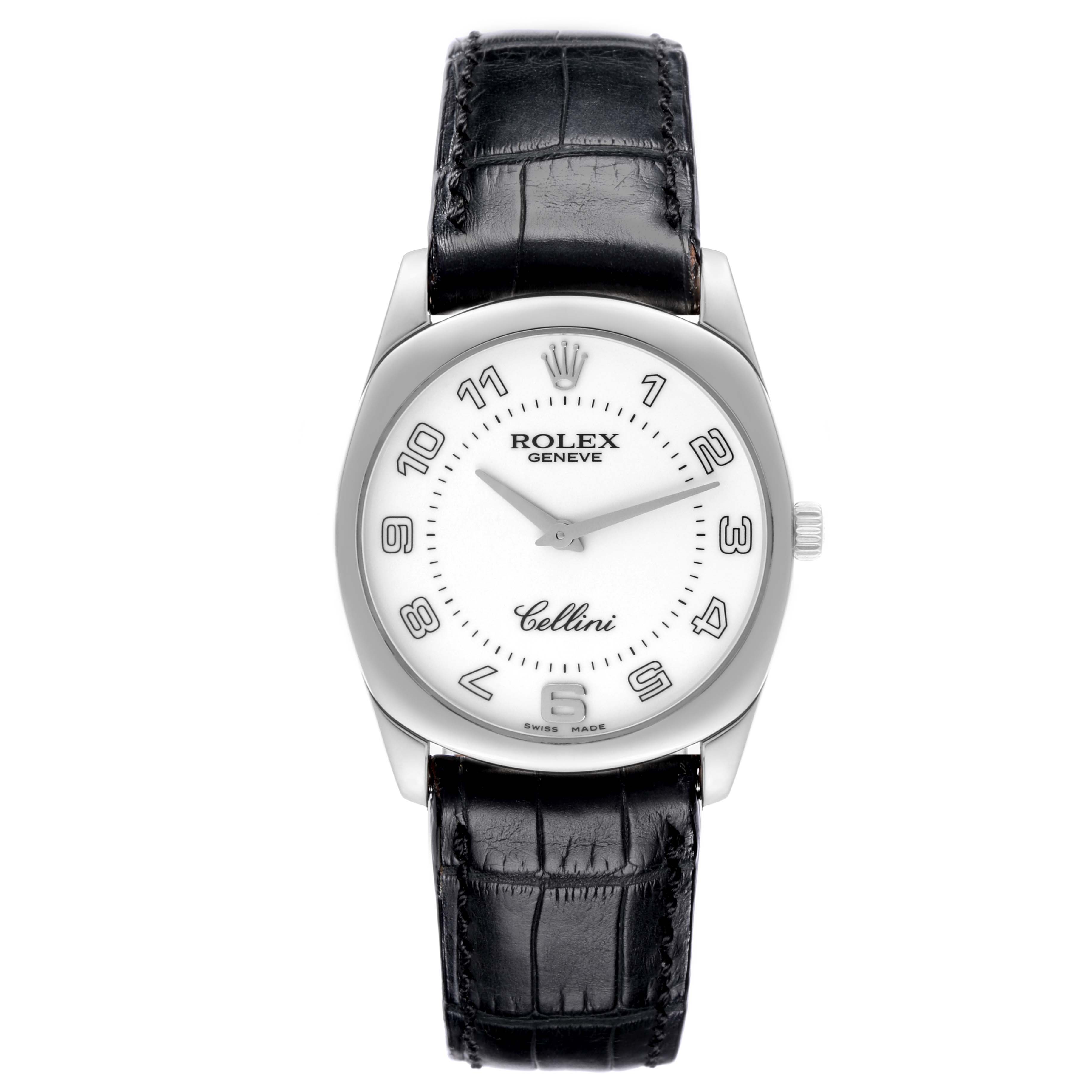 The image shows a frontal view of a Rolex Cellini 4233/9 Men's White Gold White Dial 4233/9 Men's White Gold White Dial watch with a black leather strap and silver case.