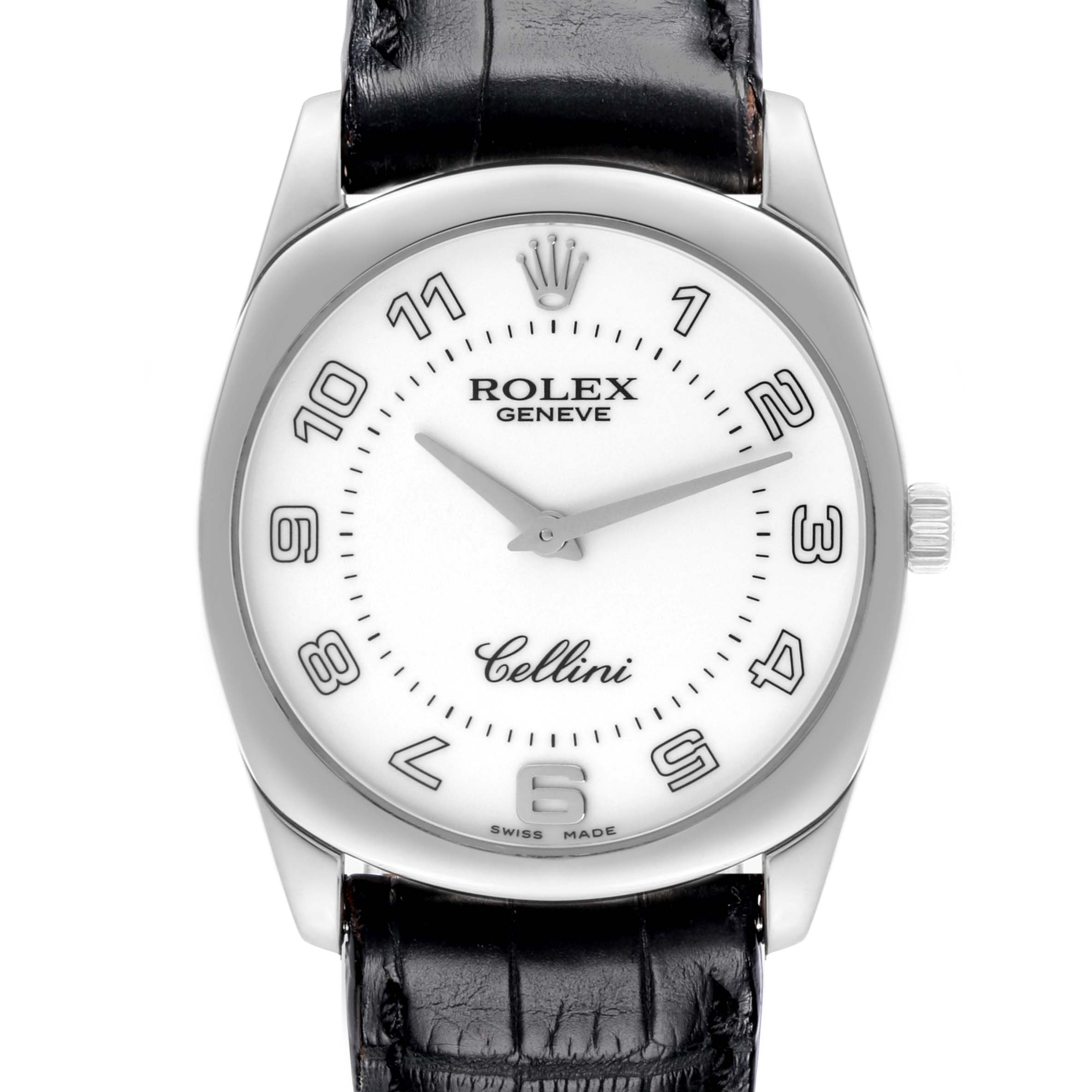 This Rolex Cellini 4233/9 Men's White Gold White Dial 4233/9 Men's White Gold White Dial watch is shown in a frontal view, displaying the face, Arabic numerals, hands, crown, and part of the leather strap.
