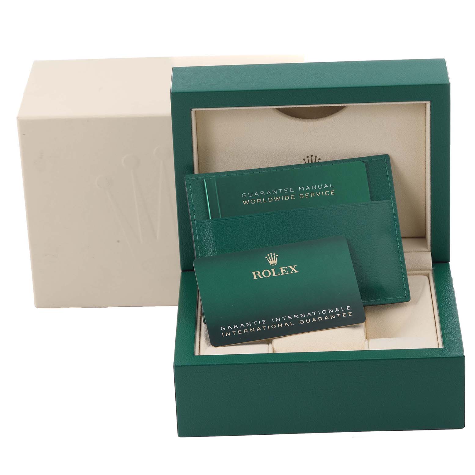 The image shows the box and guarantee papers for a Rolex Mid-Size 278241 Women's Steel and Gold (two tone) Pink Dial 278241 Women's Steel and Gold (two tone) Pink Dial model at a front angle.