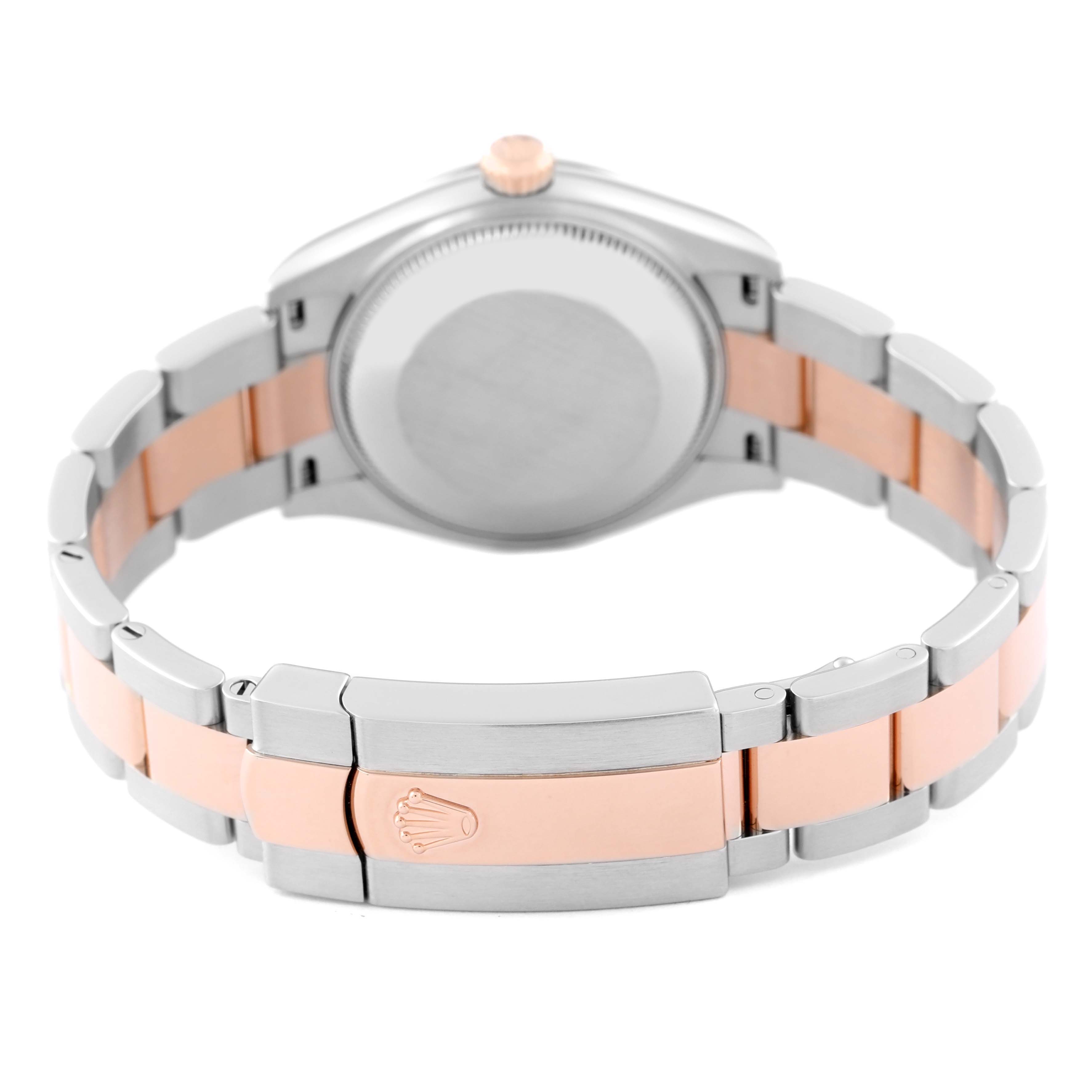 This image shows the back and bracelet of a Rolex Mid-Size 278241 Women's Steel and Gold (two tone) Pink Dial 278241 Women's Steel and Gold (two tone) Pink Dial model watch, highlighting the clasp and metal links.