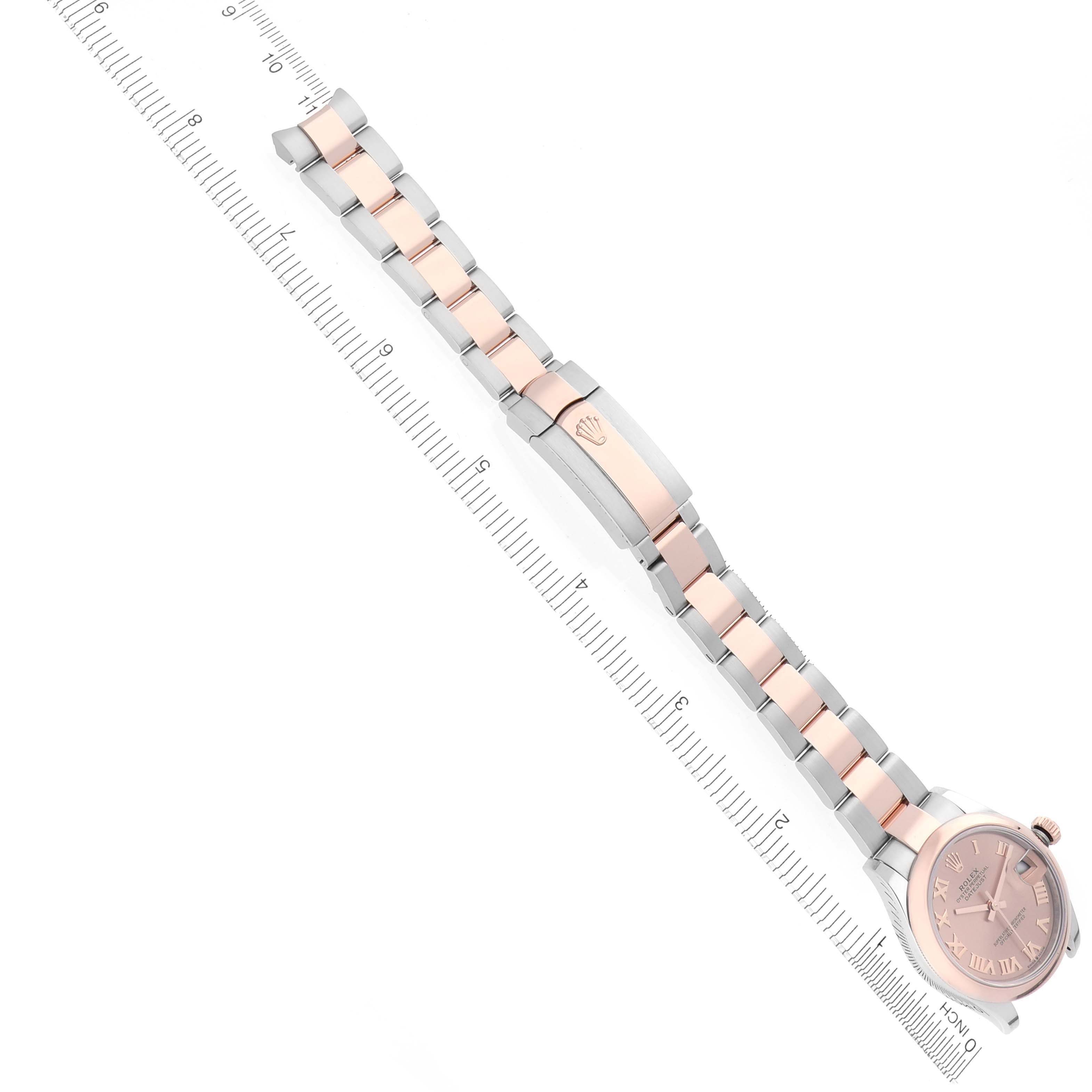 This image shows a top view of a Rolex Mid-Size 278241 Women's Steel and Gold (two tone) Pink Dial 278241 Women's Steel and Gold (two tone) Pink Dial watch, including the face, bracelet, and clasp.