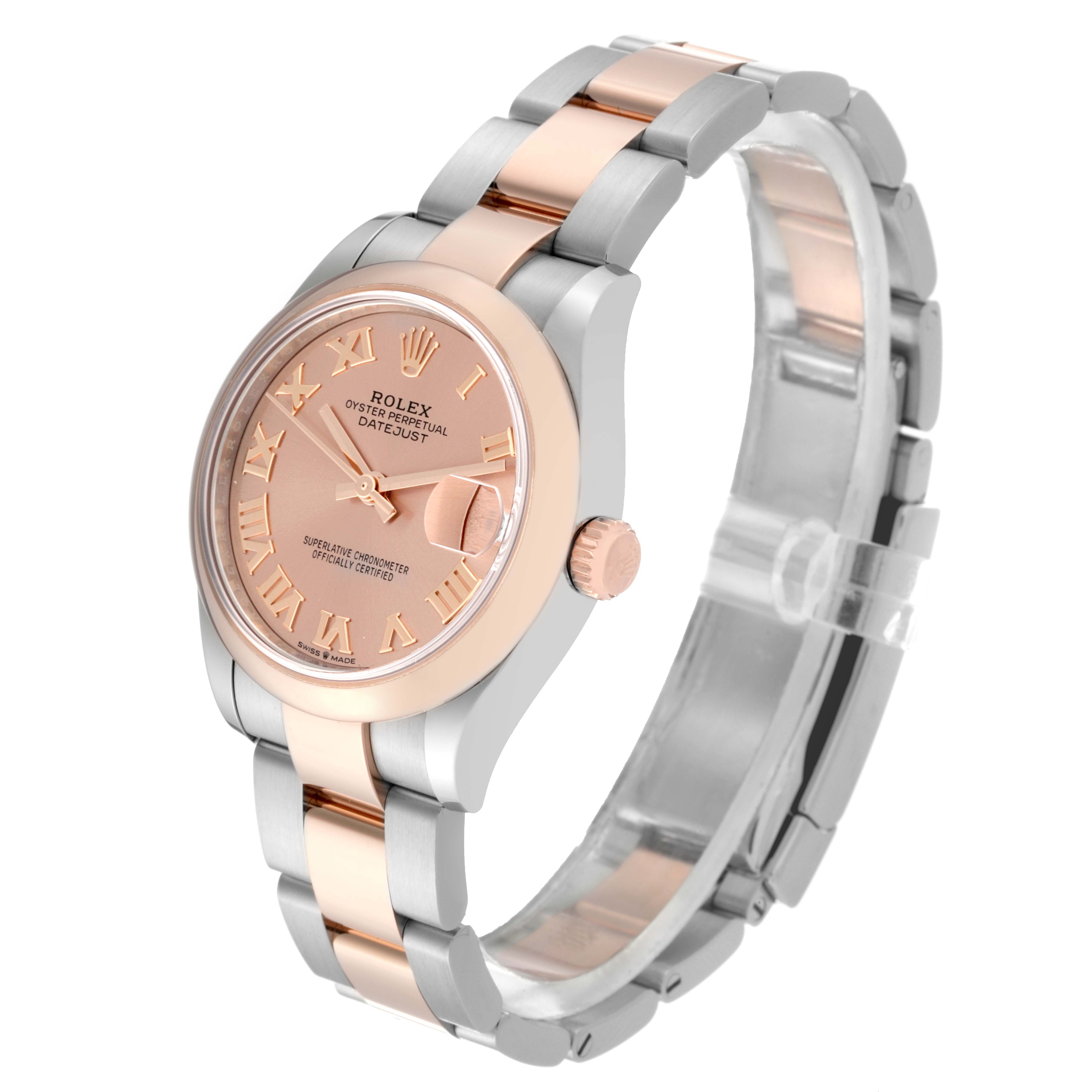 The Rolex Mid-Size 278241 Women's Steel and Gold (two tone) Pink Dial 278241 Women's Steel and Gold (two tone) Pink Dial watch is shown at a three-quarter angle, displaying the face, bezel, crown, and part of the bracelet.