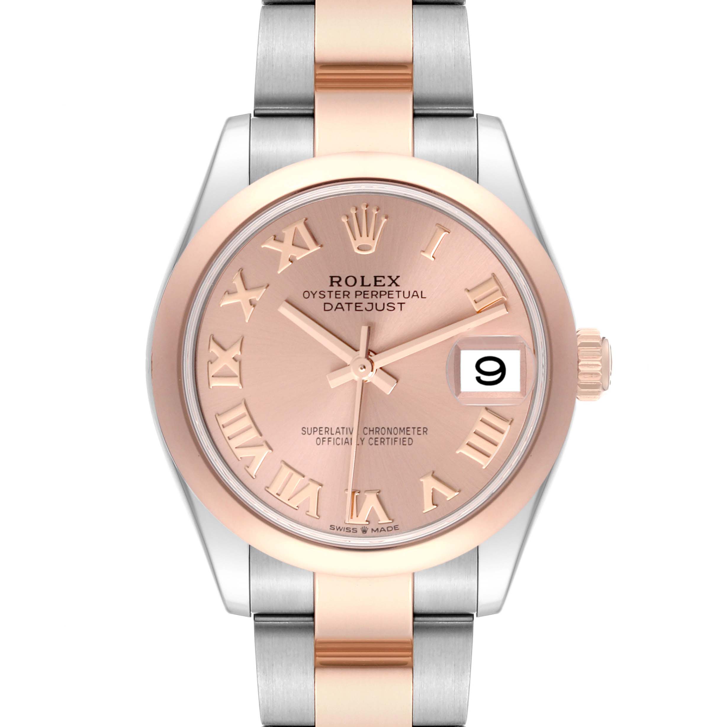 The image shows a front view of a Rolex Datejust mid-size model featuring a rose gold dial, Roman numerals, and a date window at 3 o'clock.