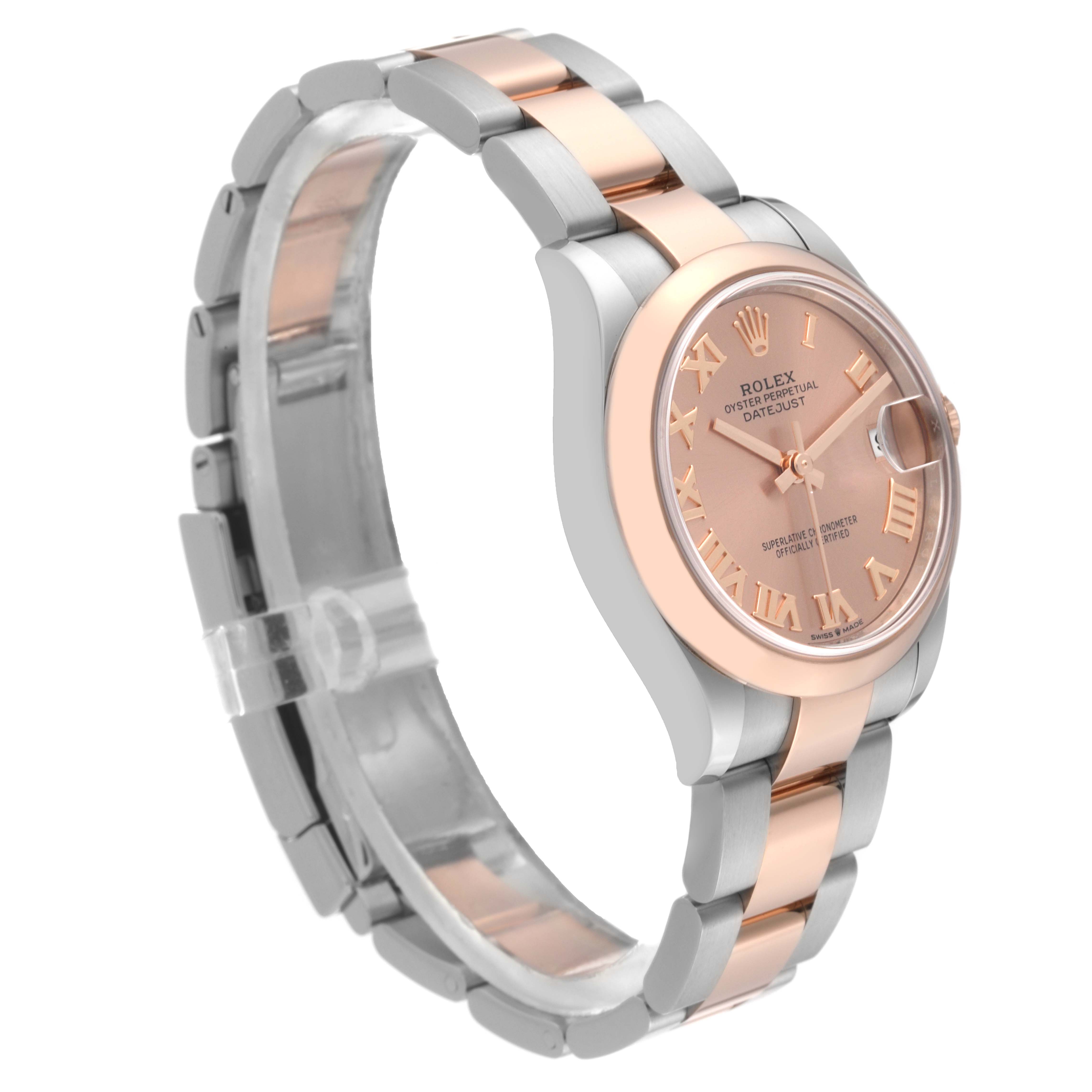 The image shows a side view of the Rolex Mid-Size 278241 Women's Steel and Gold (two tone) Pink Dial 278241 Women's Steel and Gold (two tone) Pink Dial Oyster Perpetual Datejust, highlighting its rose gold and stainless steel bracelet and case.