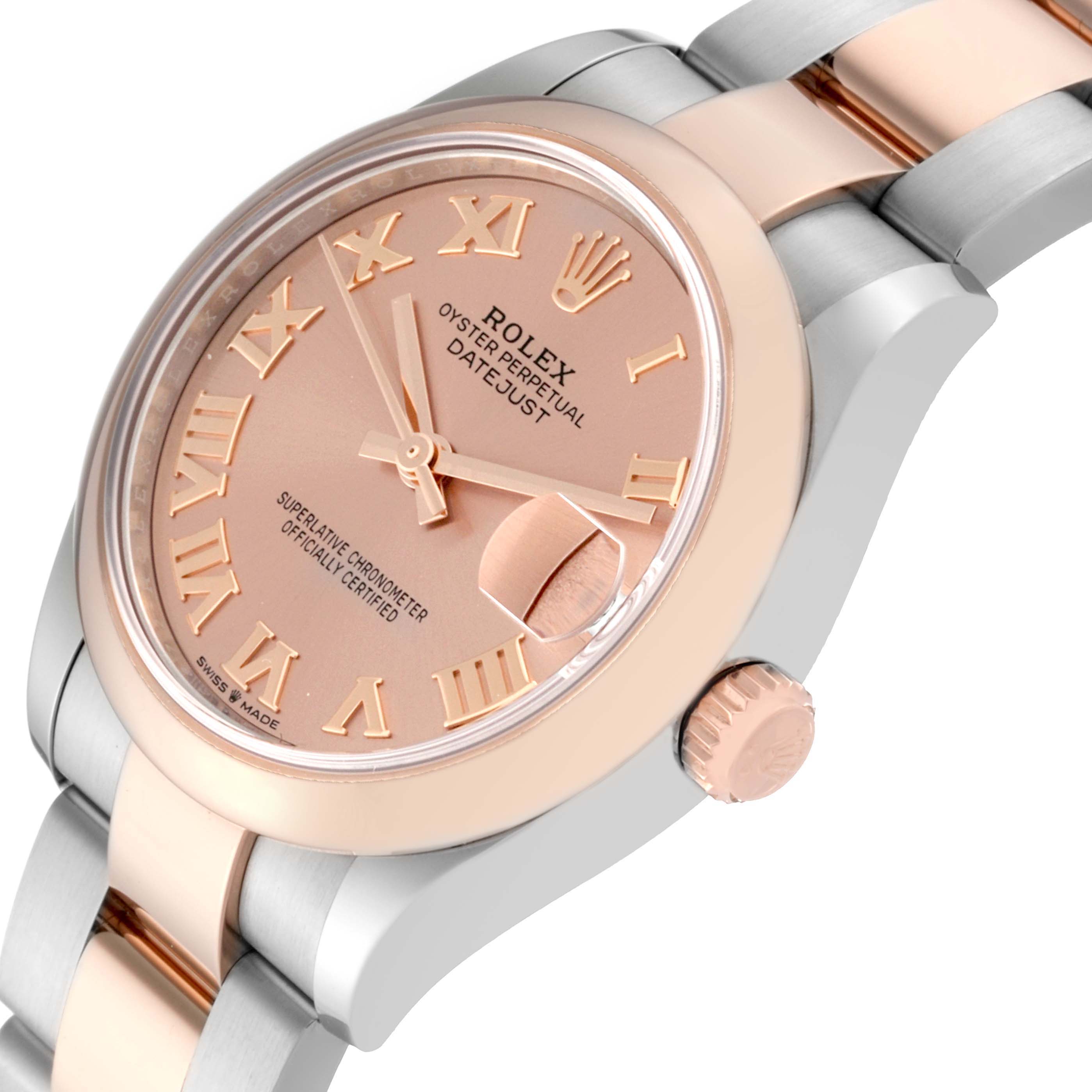 This image shows a close-up angled view of a Rolex Oyster Perpetual Datejust Mid-Size watch, highlighting the dial, crown, and bracelet.