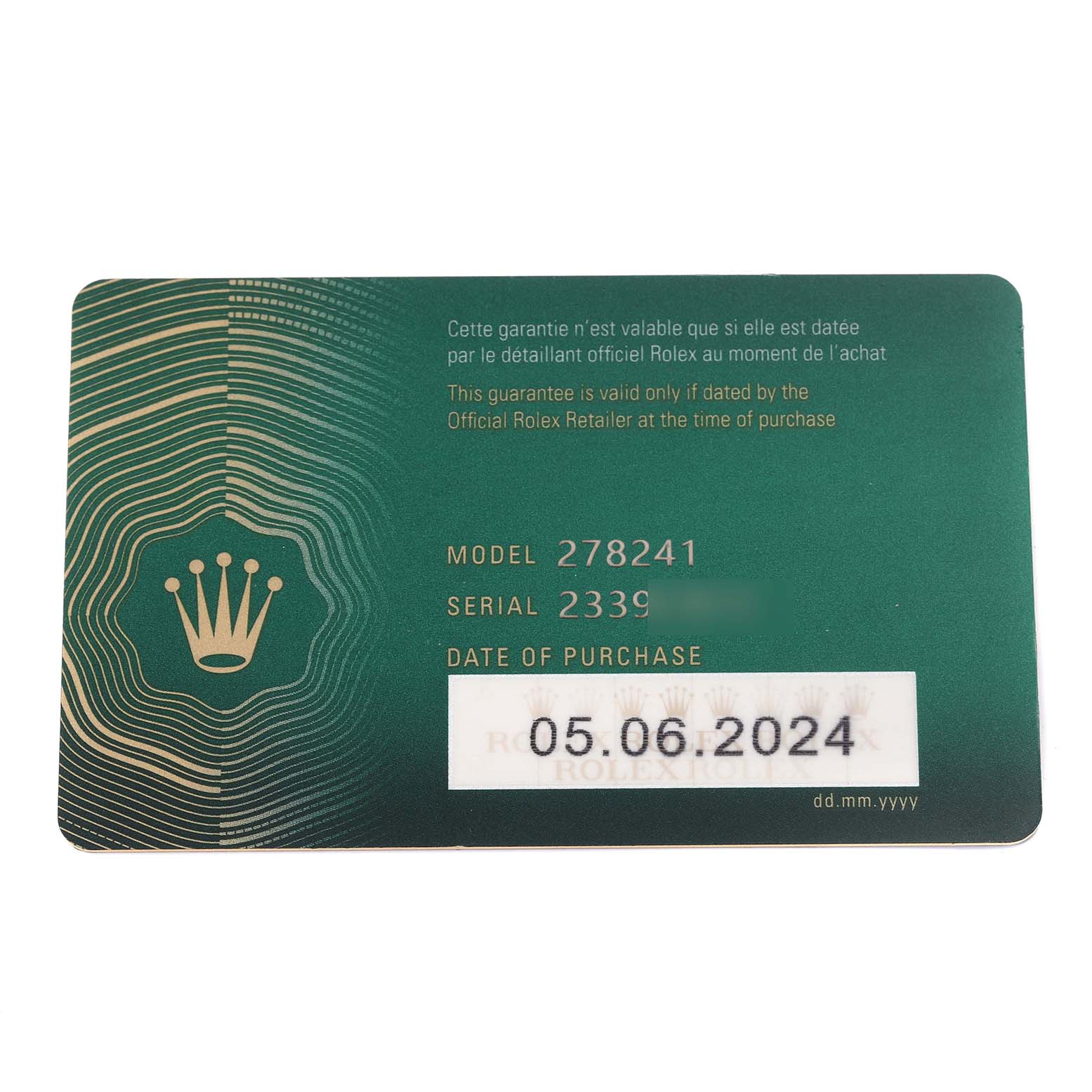 This image shows a Rolex warranty card for the Mid-Size model 278241 displaying the serial number and purchase date.