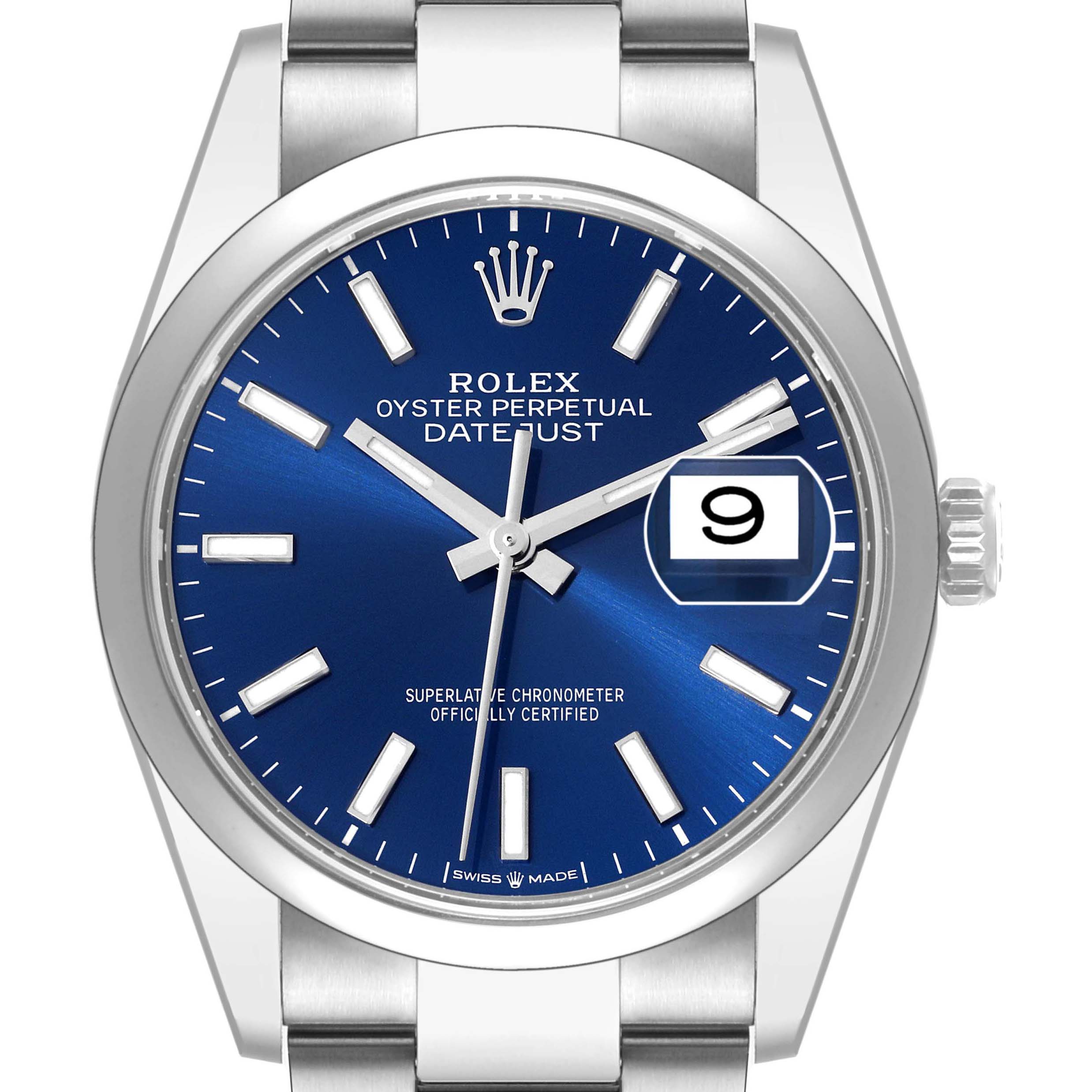 The image shows a front view of a Rolex Datejust 126200 Men's Stainless Steel Blue Dial 126200 Men's Stainless Steel Blue Dial watch with a blue dial, date window, and stainless steel bracelet.