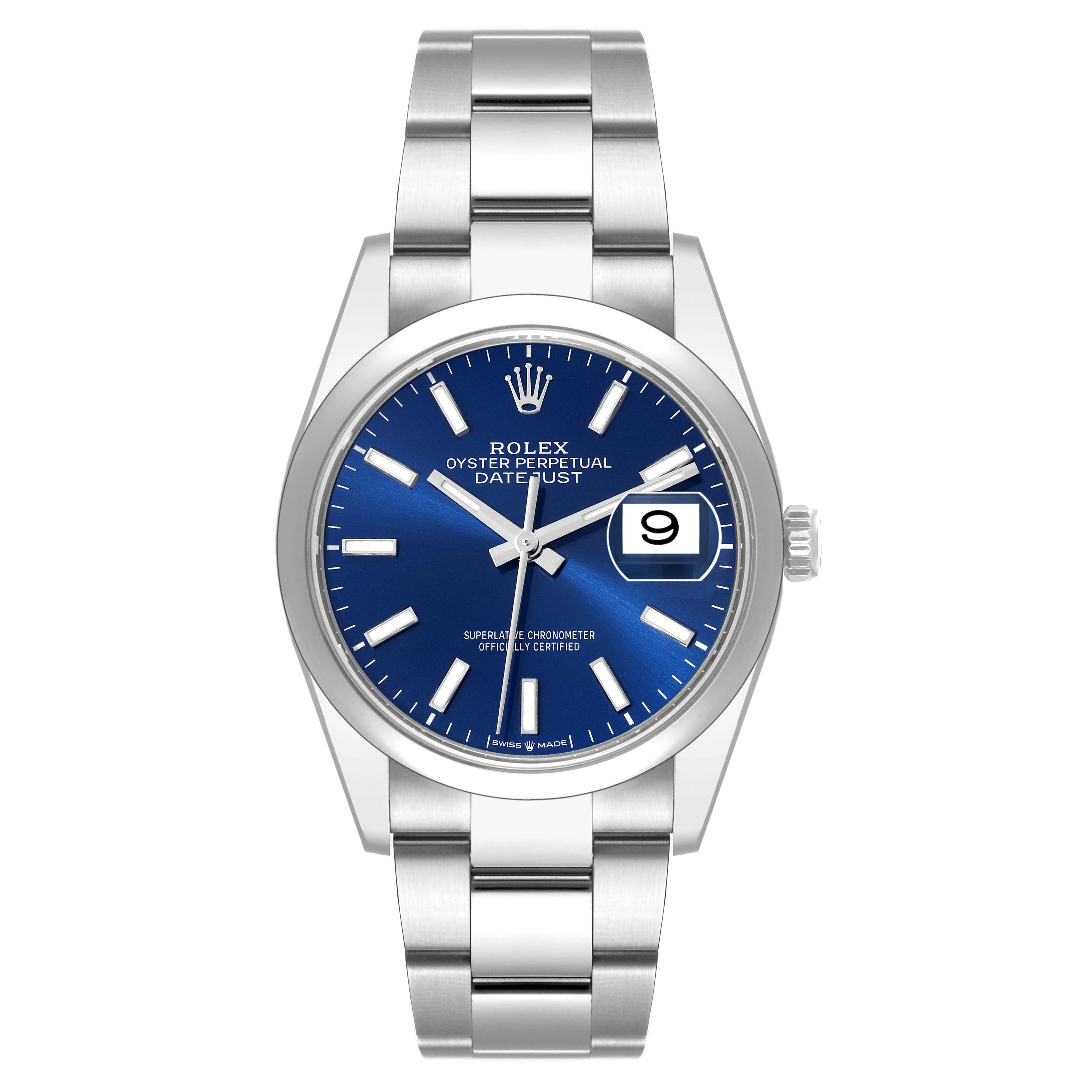 The image shows a Rolex Datejust 126200 Men's Stainless Steel Blue Dial 126200 Men's Stainless Steel Blue Dial model watch with a blue dial, steel bracelet, and date window at the 3 o'clock position.
