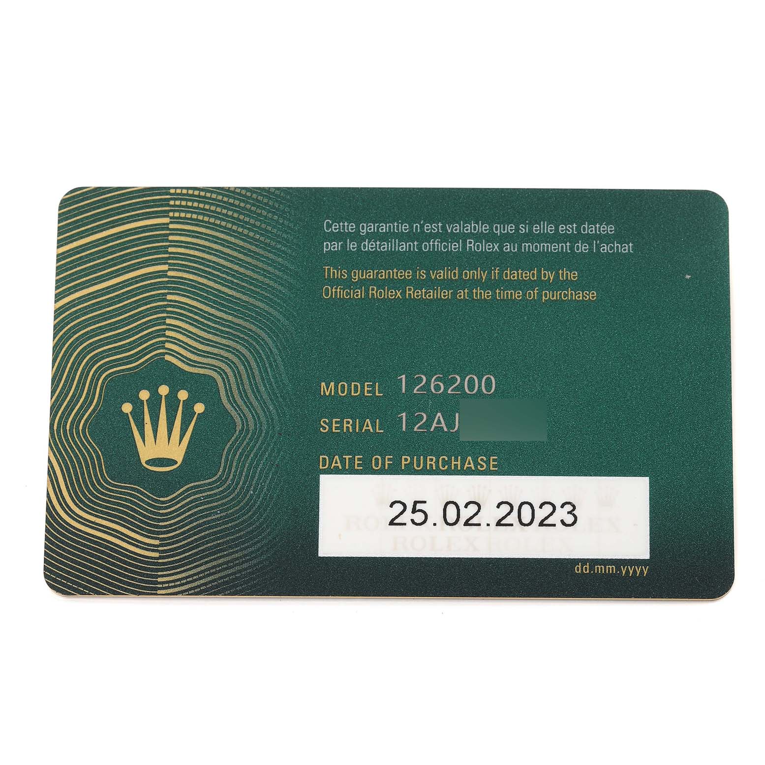 The image shows the warranty card for a Rolex Datejust 126200 Men's Stainless Steel Blue Dial 126200 Men's Stainless Steel Blue Dial model 126200, displaying the model number, serial number, and date of purchase.