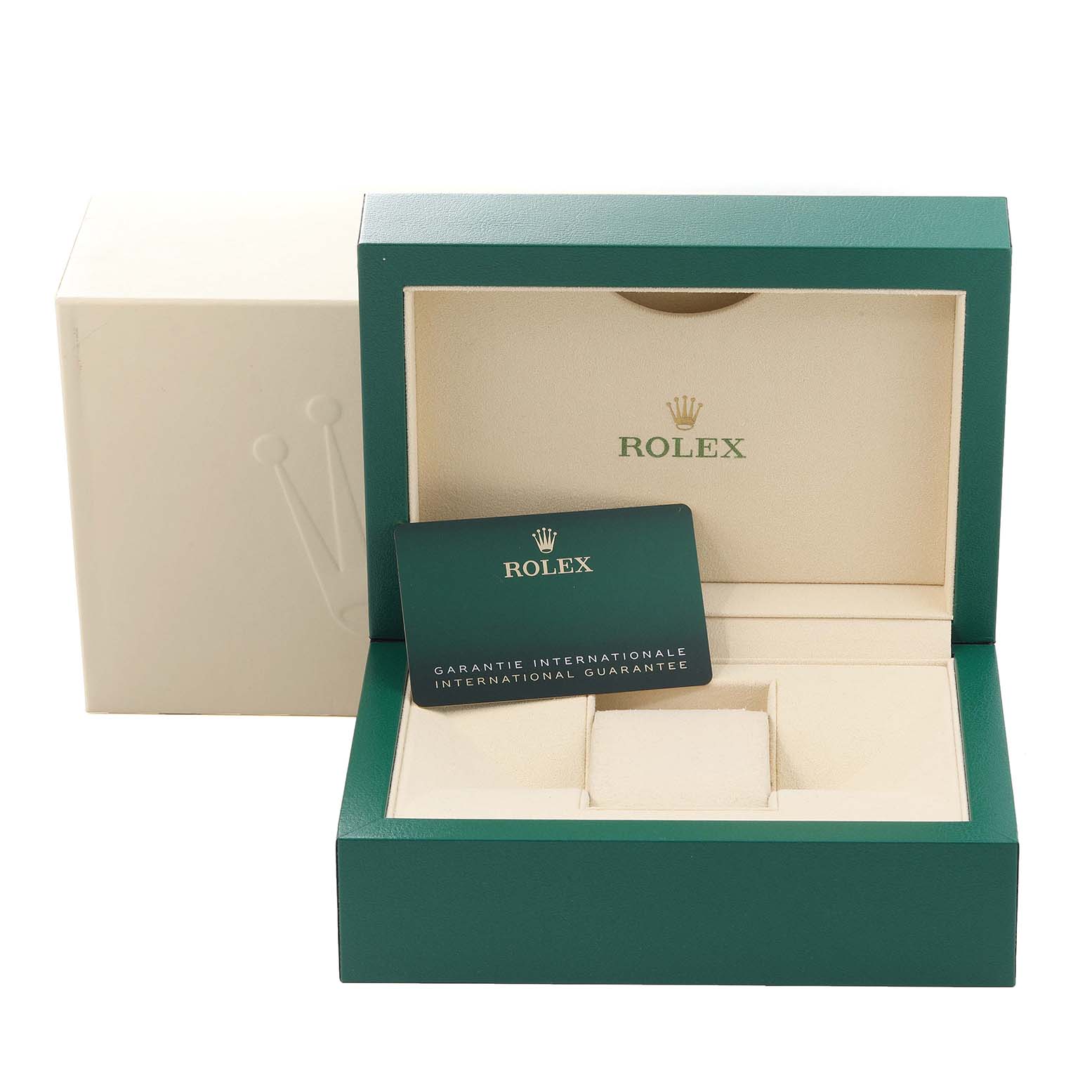 The image shows a Rolex Datejust 126200 Men's Stainless Steel Blue Dial 126200 Men's Stainless Steel Blue Dial watch box and international guarantee card from a front angle.