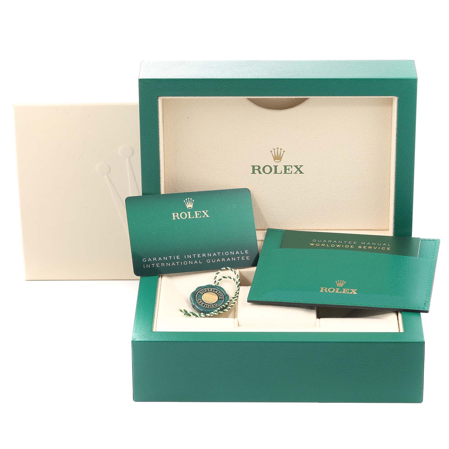 The image shows the packaging, guarantee card, tag, and manual for a Rolex Datejust 126281 Men
s Steel and Gold (two tone) Grey Dial 126281 Men
s Steel and Gold (two tone) Grey Dial watch, but not the watch itself.