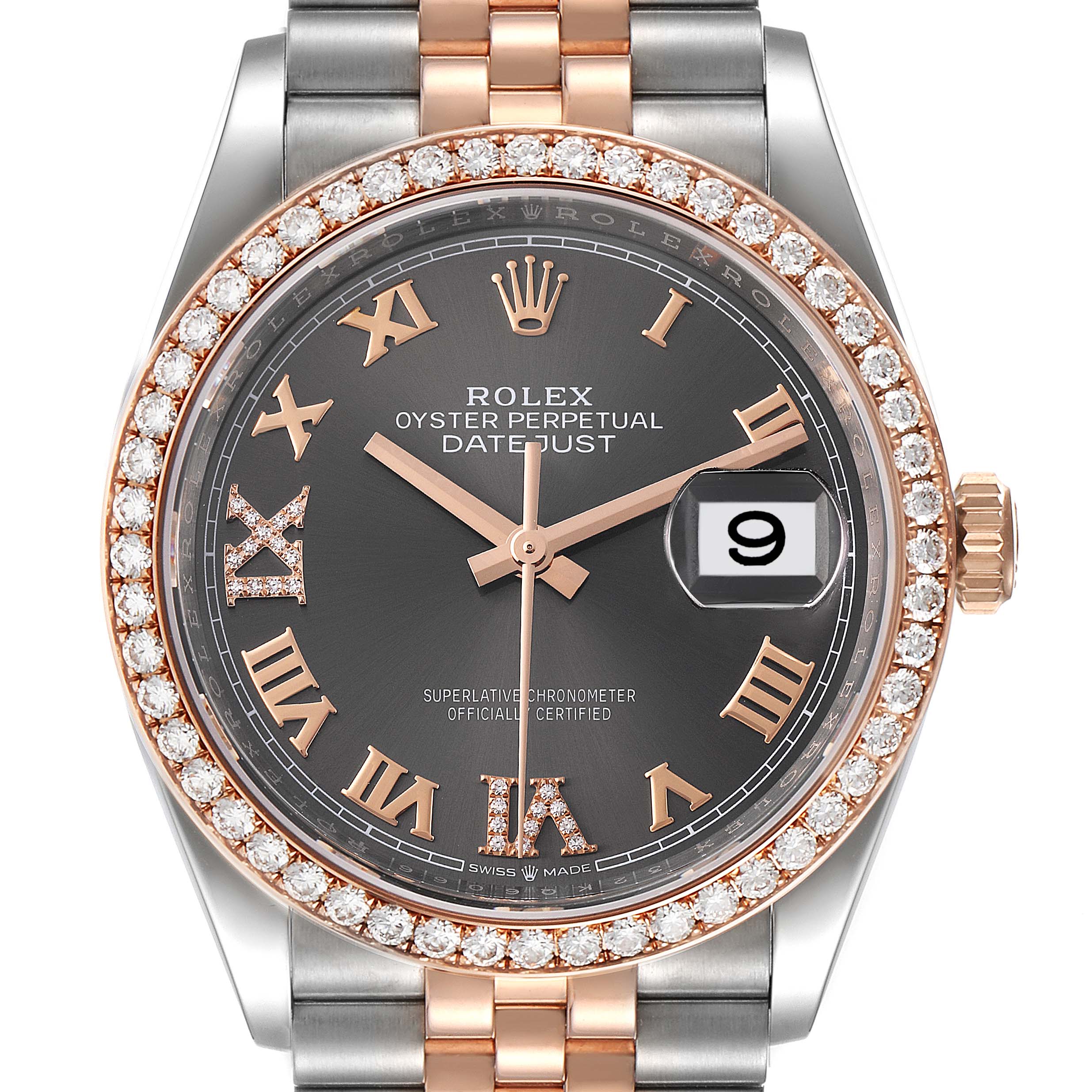 The image shows a front view of a Rolex Datejust 126281 Men
s Steel and Gold (two tone) Grey Dial 126281 Men
s Steel and Gold (two tone) Grey Dial watch featuring a diamond bezel and two-tone bracelet.