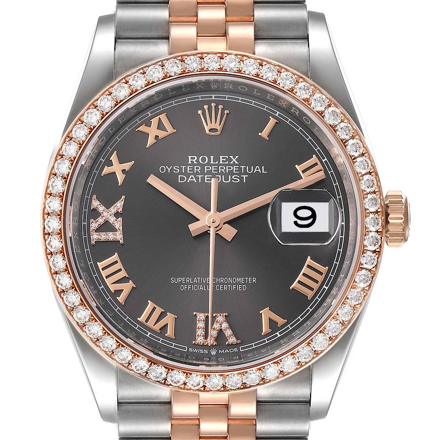 The image shows a front view of a Rolex Datejust watch featuring a diamond bezel and two-tone bracelet.