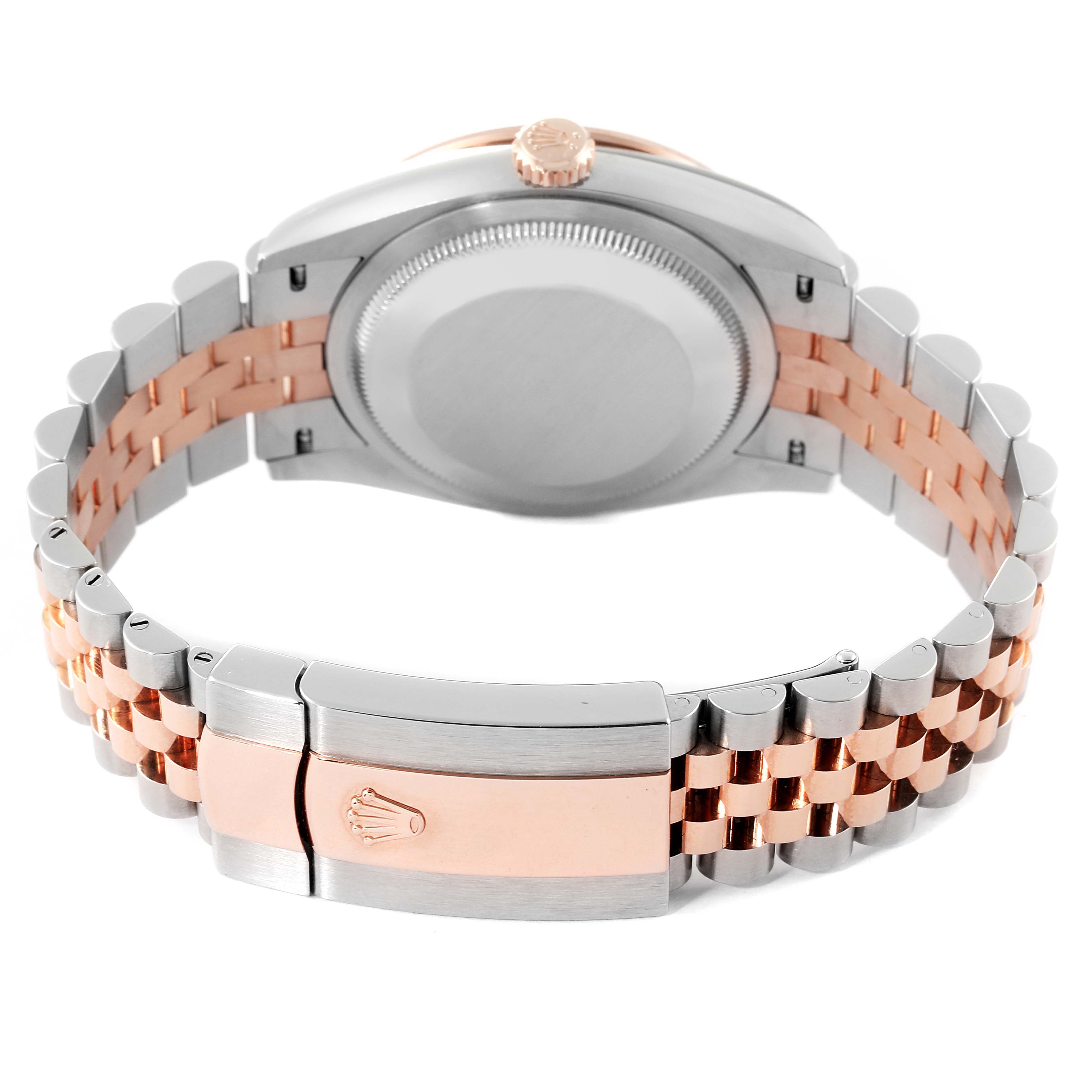 This image shows the back and clasp of the Rolex Datejust 126281 Men
s Steel and Gold (two tone) Grey Dial 126281 Men
s Steel and Gold (two tone) Grey Dial watch, featuring a stainless steel and gold Jubilee bracelet.