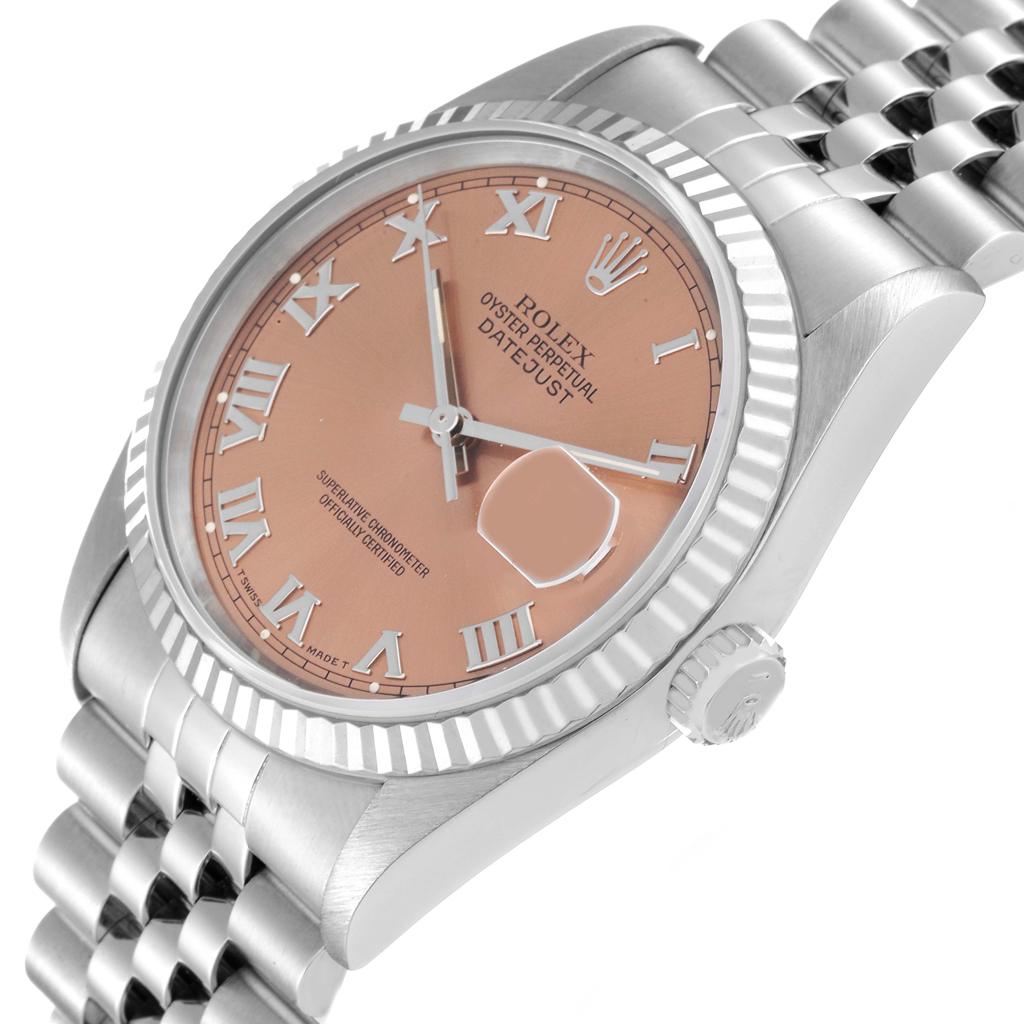 The image shows a front angle of a Rolex Datejust 16234 Men's Stainless Steel Pink Dial 16234 Men's Stainless Steel Pink Dial watch, highlighting its dial, bezel, and part of its bracelet.
