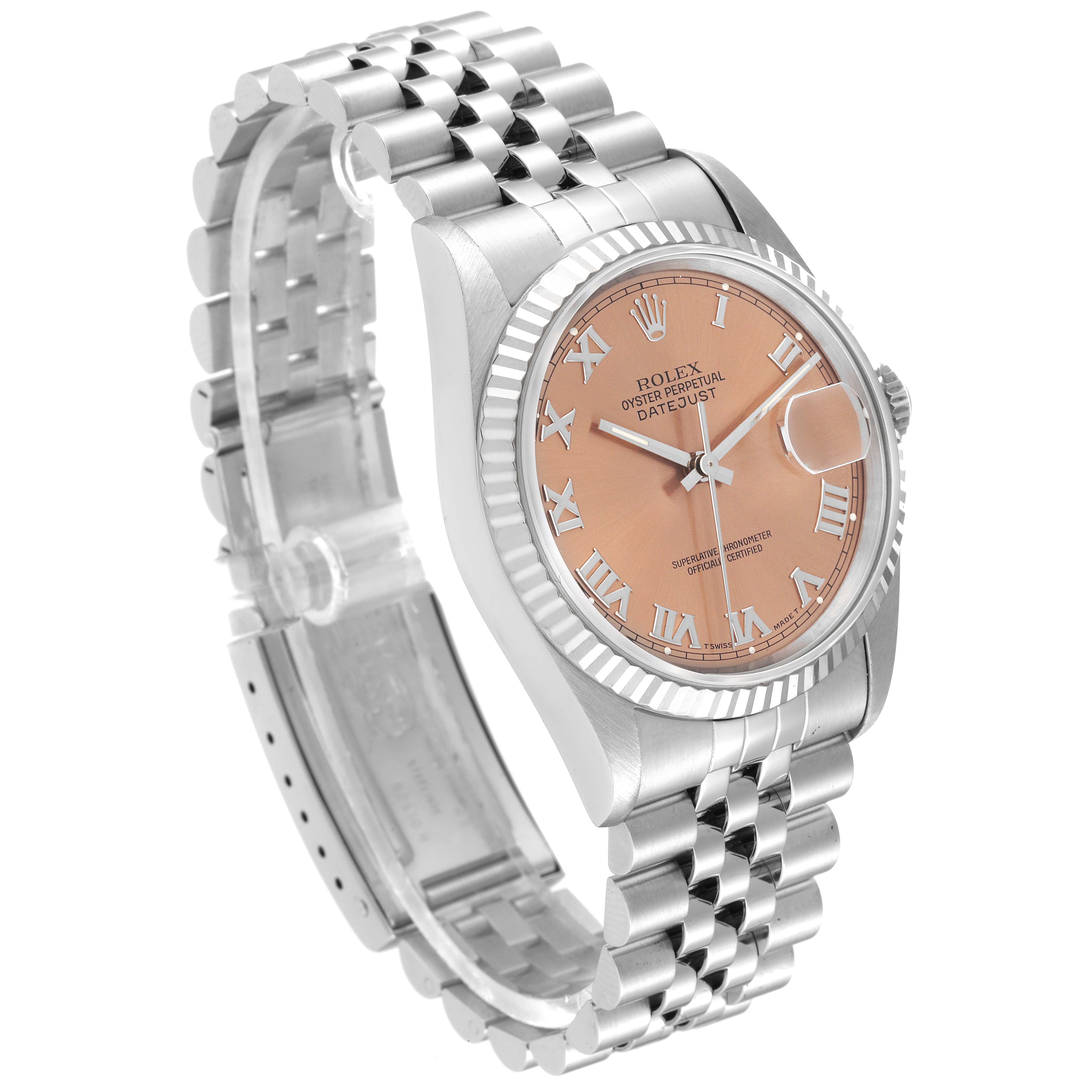 The Rolex Datejust 16234 Men's Stainless Steel Pink Dial 16234 Men's Stainless Steel Pink Dial watch is shown at a three-quarter angle, highlighting its dial, bezel, and bracelet.