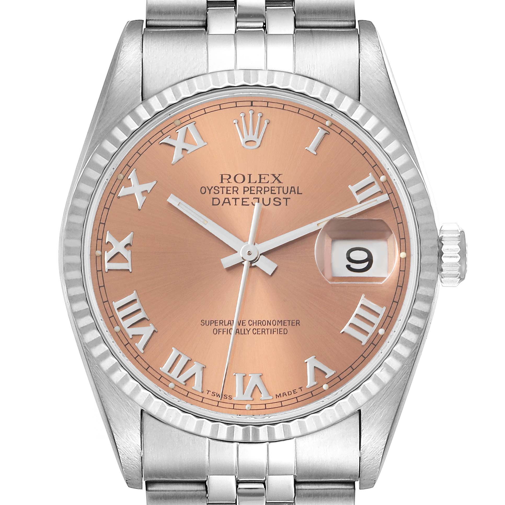 The Rolex Datejust 16234 Men's Stainless Steel Pink Dial 16234 Men's Stainless Steel Pink Dial watch is shown from a front angle, displaying the salmon dial, Roman numerals, jubilee bracelet, and date window.