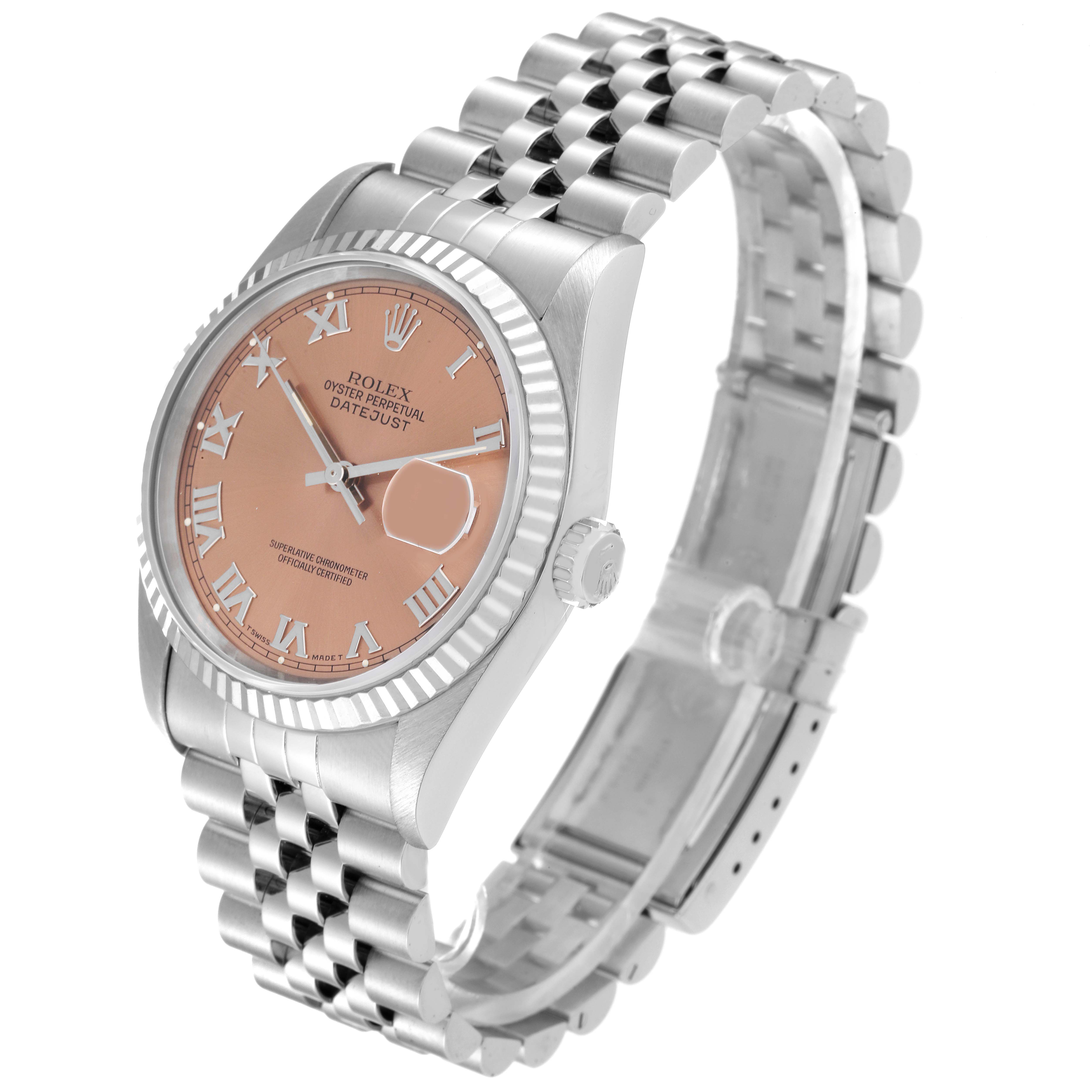 The image shows a Rolex Datejust 16234 Men's Stainless Steel Pink Dial 16234 Men's Stainless Steel Pink Dial watch at an angled side view, highlighting its face, crown, and bracelet.