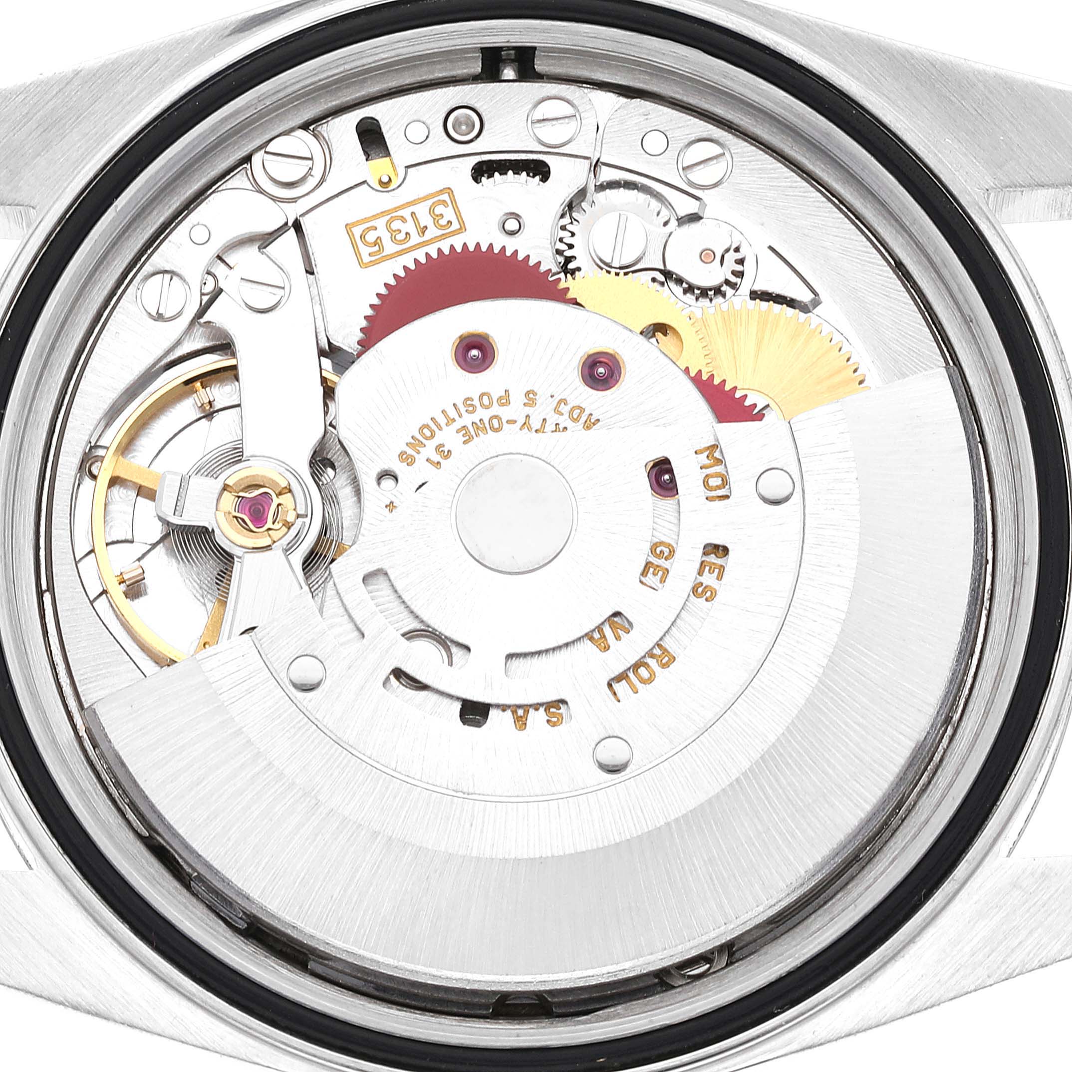 This image shows an internal view of the Rolex Datejust 16234 Men's Stainless Steel Pink Dial 16234 Men's Stainless Steel Pink Dial model watch movement from the back.