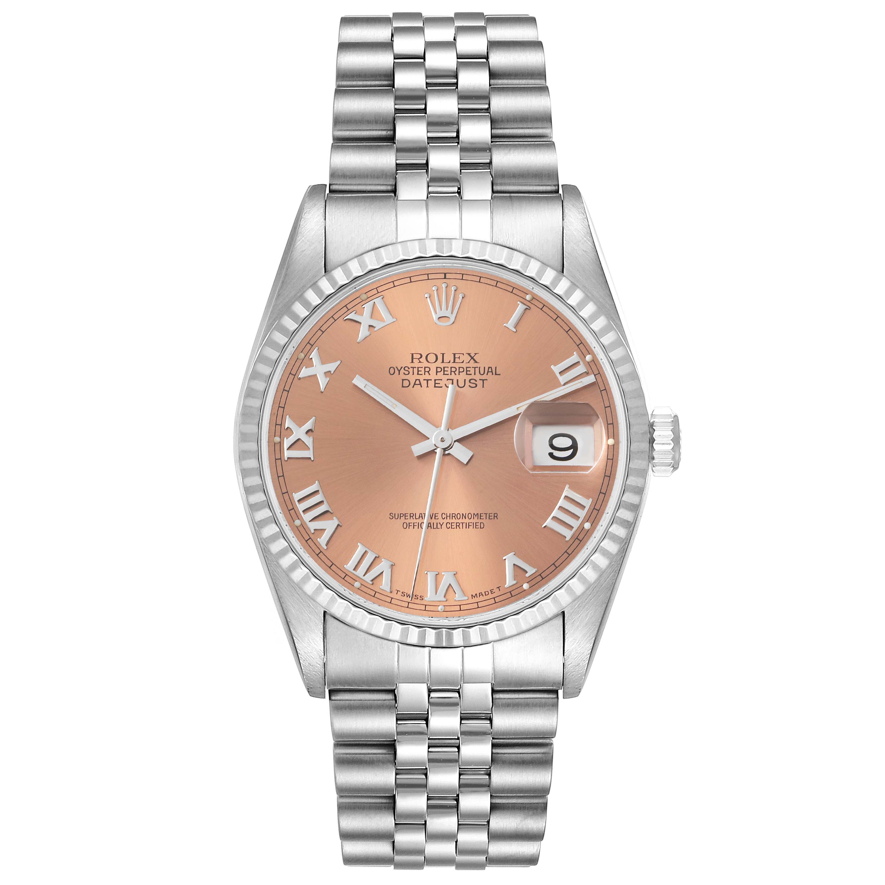 The image shows a front view of a Rolex Datejust 16234 Men's Stainless Steel Pink Dial 16234 Men's Stainless Steel Pink Dial watch with a pink dial, Roman numerals, fluted bezel, and Jubilee bracelet.