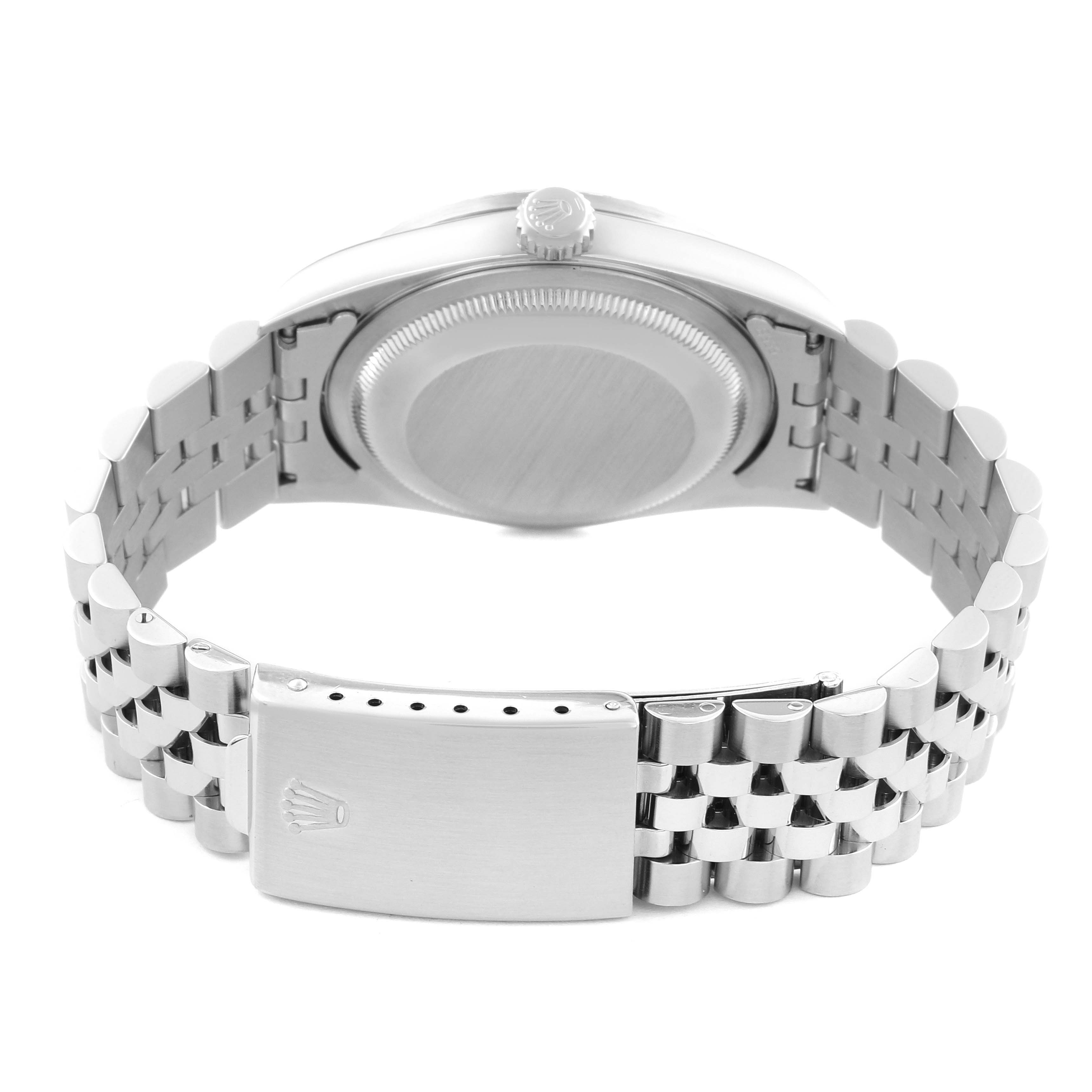 The image shows the back view of a Rolex Datejust 16220 Men
s Stainless Steel White Dial 16220 Men
s Stainless Steel White Dial watch, highlighting its caseback, bracelet, and clasp.