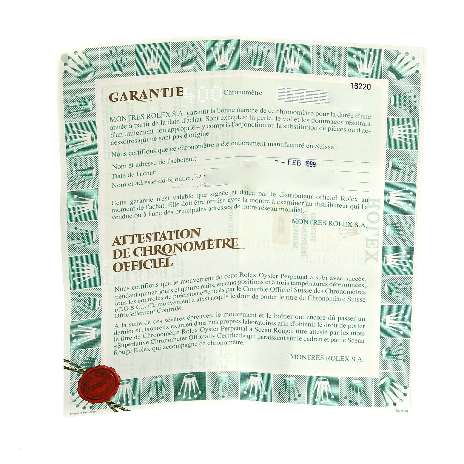 This image shows a warranty and chronometer certificate for the Rolex Datejust 16220 Men
s Stainless Steel White Dial 16220 Men
s Stainless Steel White Dial model.