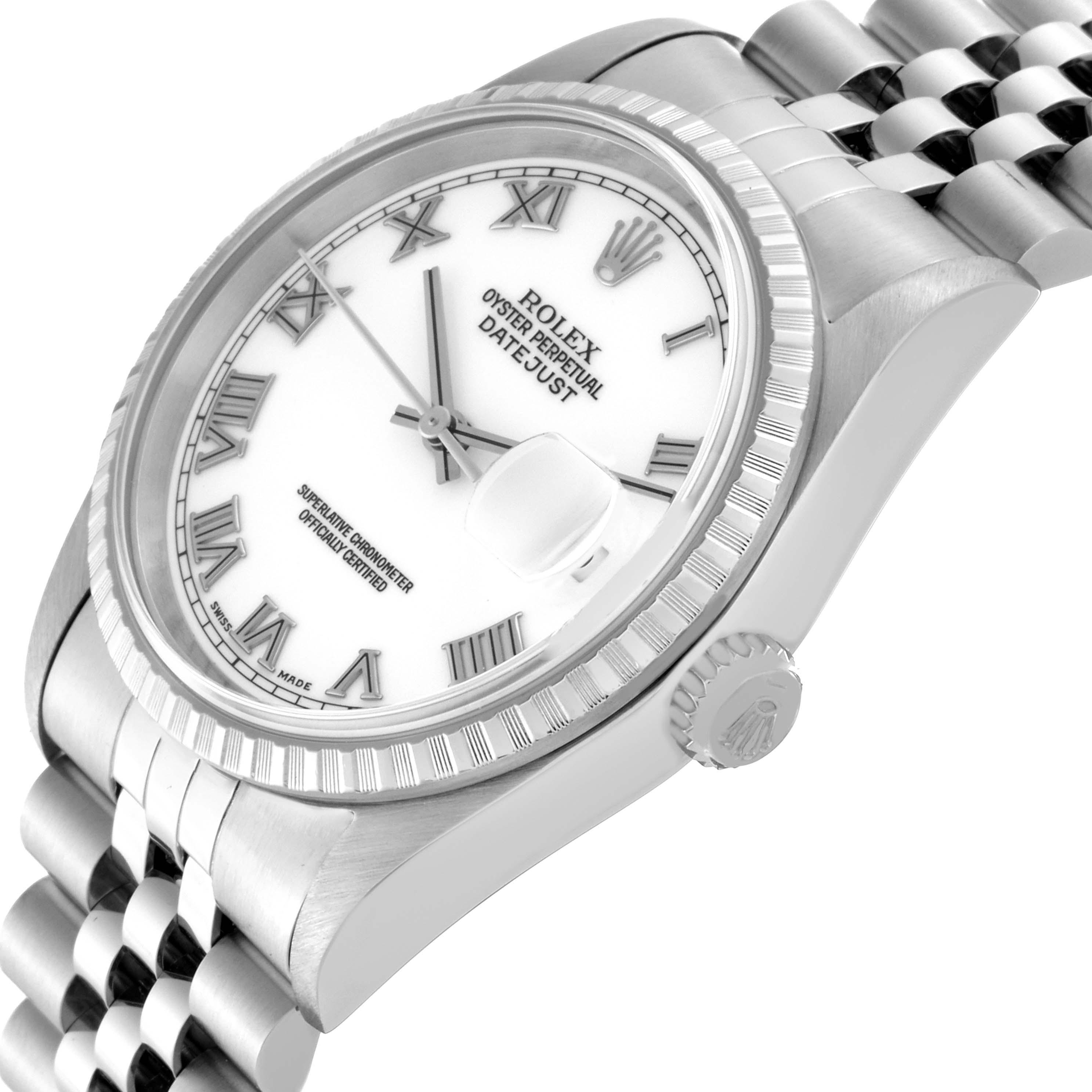 The image shows an angled view of the Rolex Datejust 16220 Men
s Stainless Steel White Dial 16220 Men
s Stainless Steel White Dial watch, highlighting its bezel, dial, crown, and Jubilee bracelet.