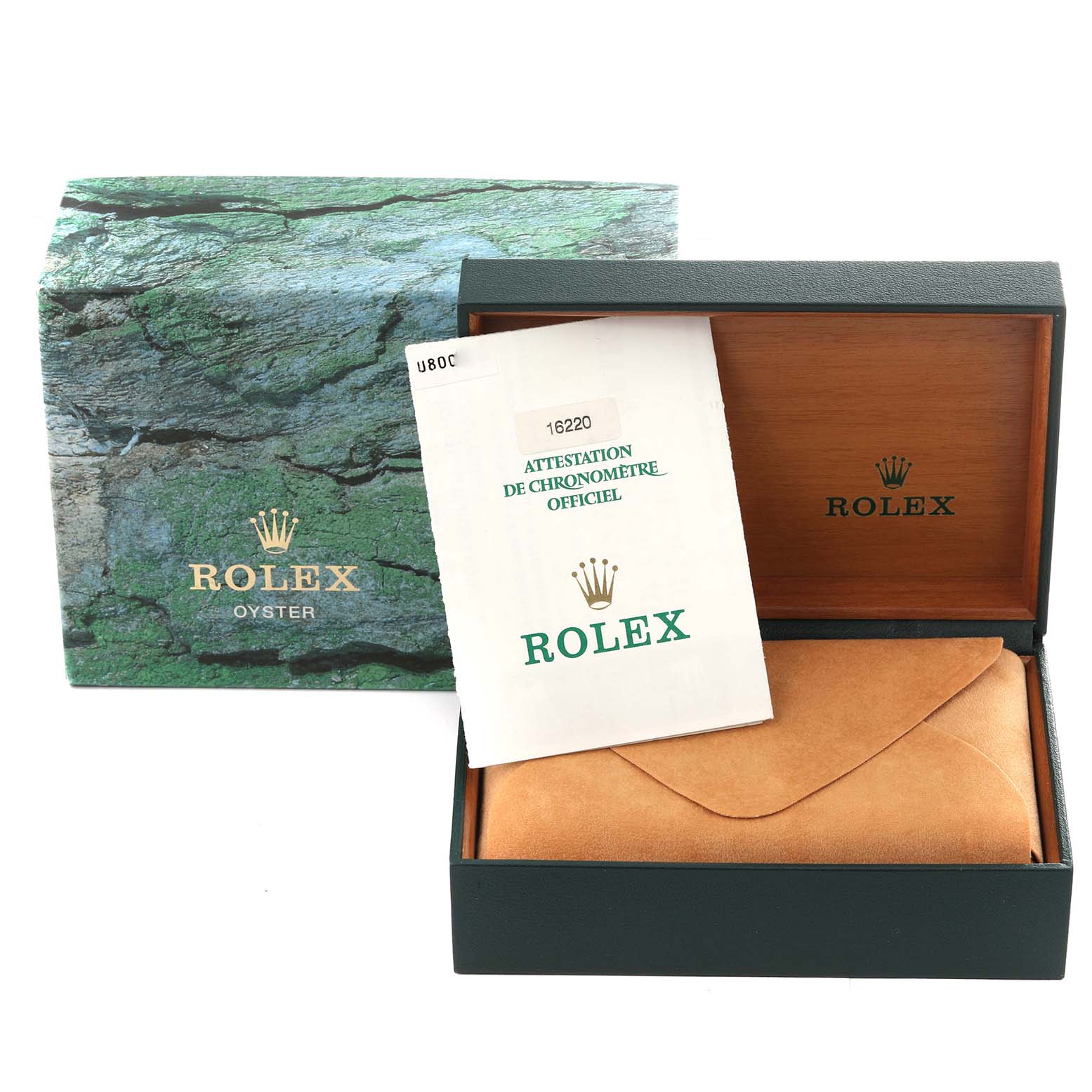 The image shows a Rolex Datejust 16220 Men
s Stainless Steel White Dial 16220 Men
s Stainless Steel White Dial box with a certification document and a leather pouch inside the open box.