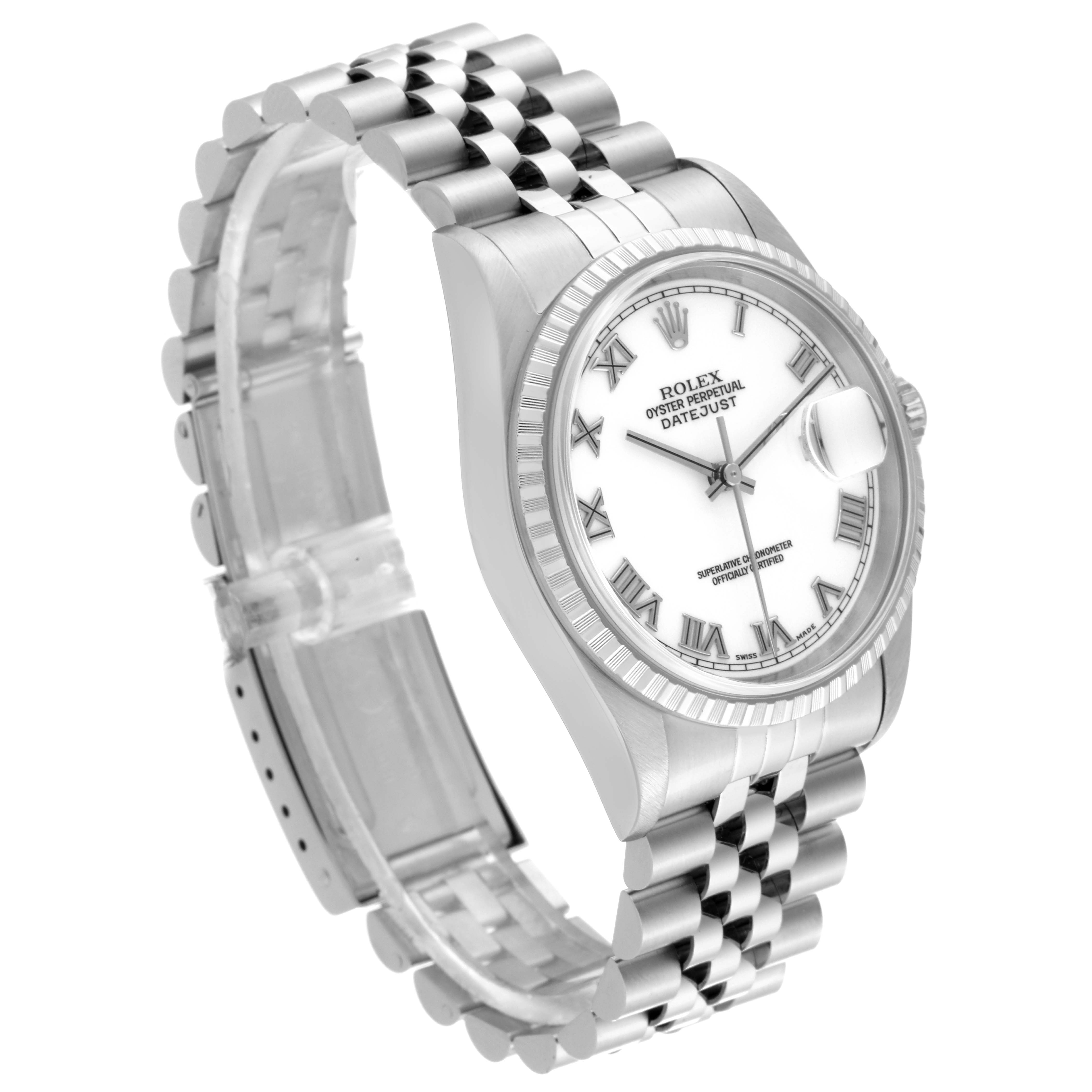 This image shows a Rolex Datejust 16220 Men
s Stainless Steel White Dial 16220 Men
s Stainless Steel White Dial watch at a three-quarter angle, highlighting the face, bezel, and Jubilee bracelet.