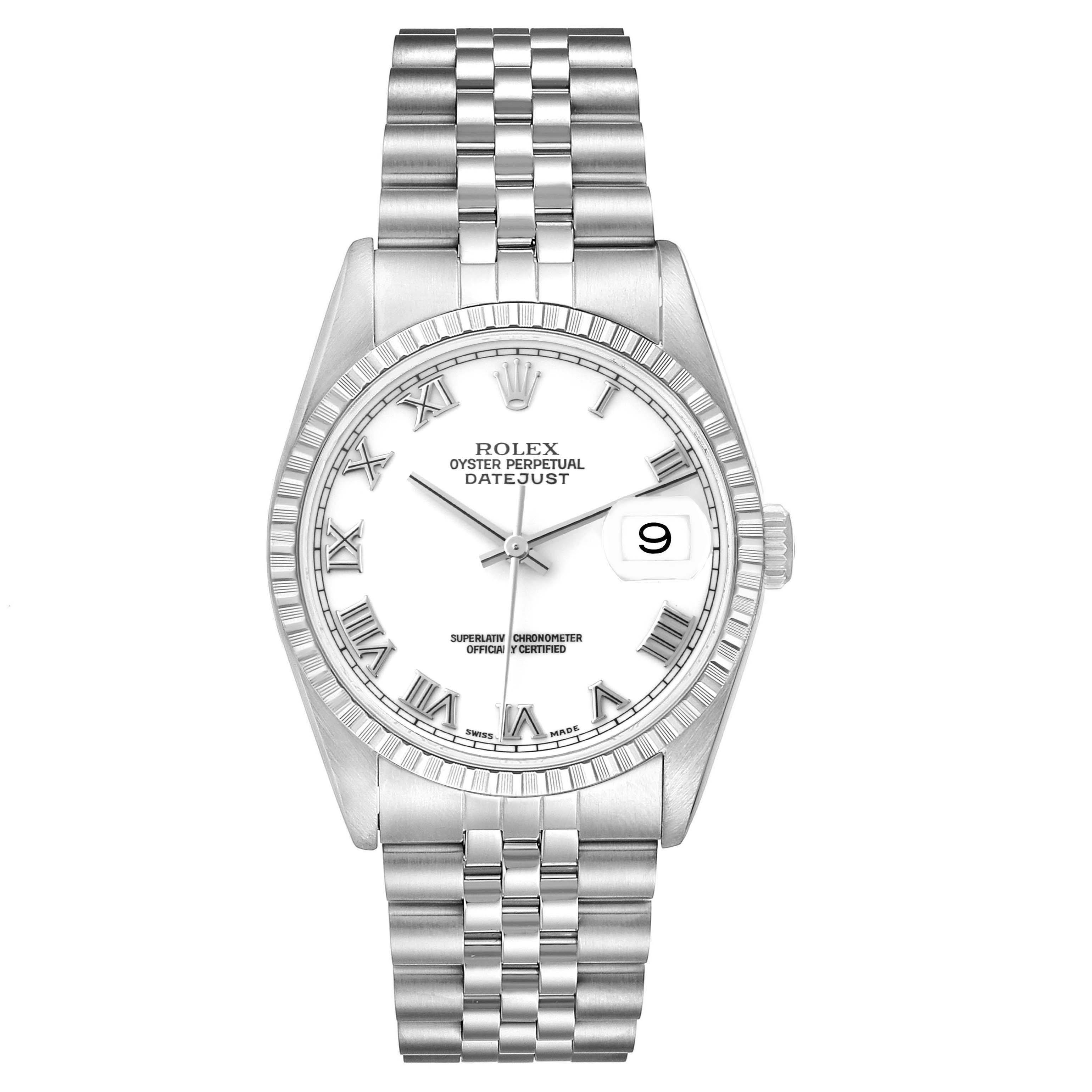 The Rolex Datejust 16220 Men
s Stainless Steel White Dial 16220 Men
s Stainless Steel White Dial watch is shown from the front, displaying its white dial, Roman numeral markers, and Jubilee bracelet.
