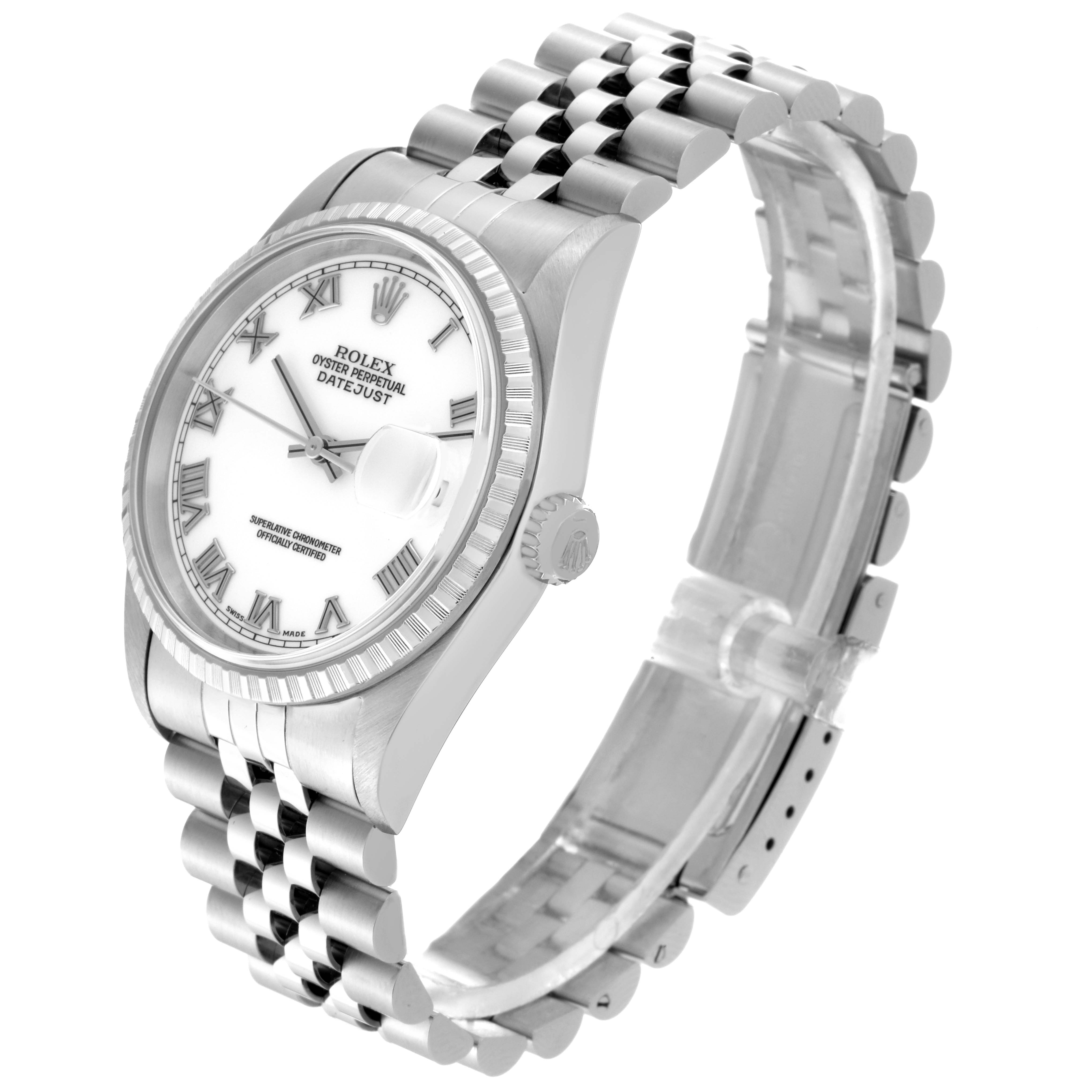 The image shows a Rolex Datejust 16220 Men
s Stainless Steel White Dial 16220 Men
s Stainless Steel White Dial watch at an angled view, highlighting the dial, bezel, case, bracelet, and clasp.