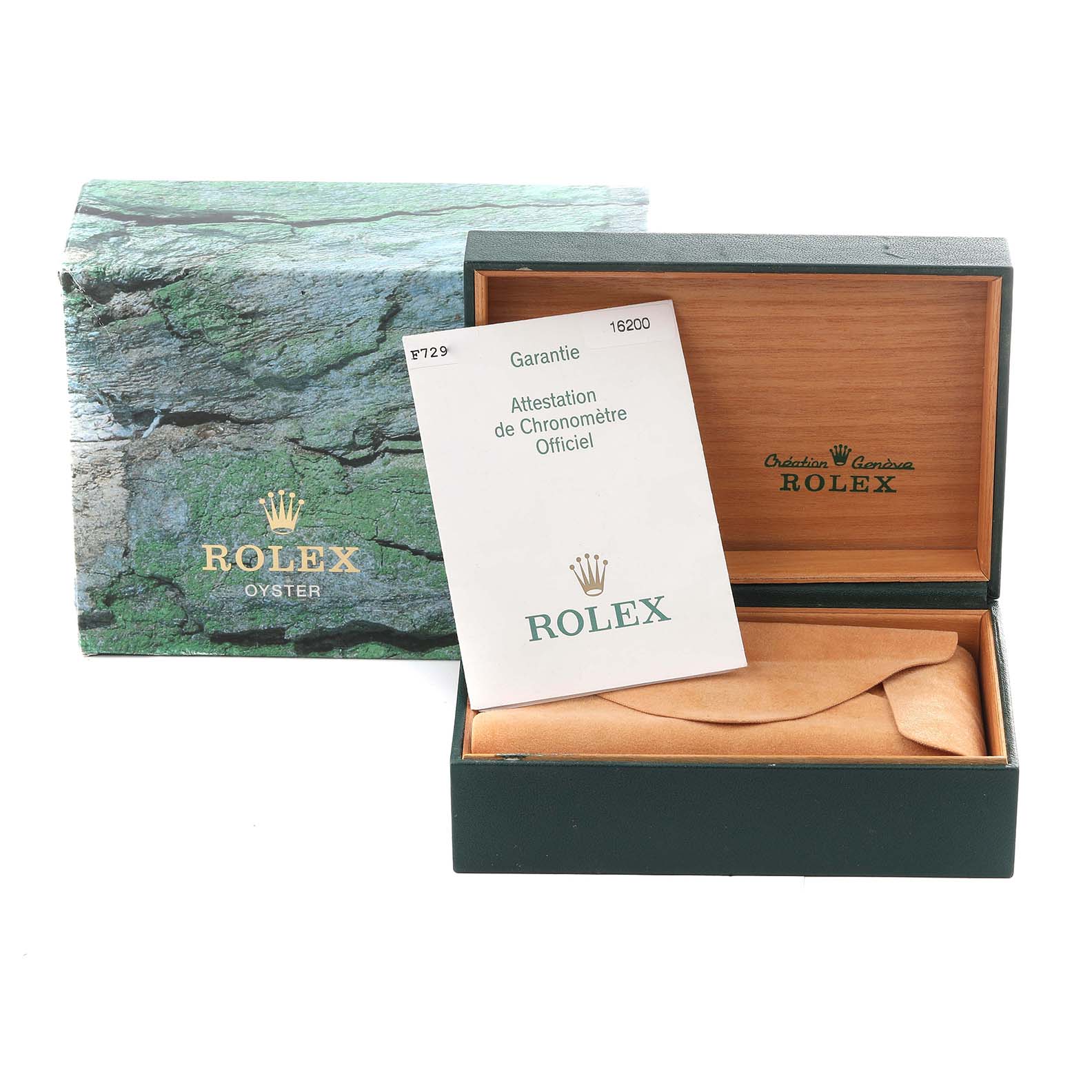 The image shows the box and certification papers for a Rolex Datejust 16200 Men
s Stainless Steel Black Dial 16200 Men
s Stainless Steel Black Dial watch.