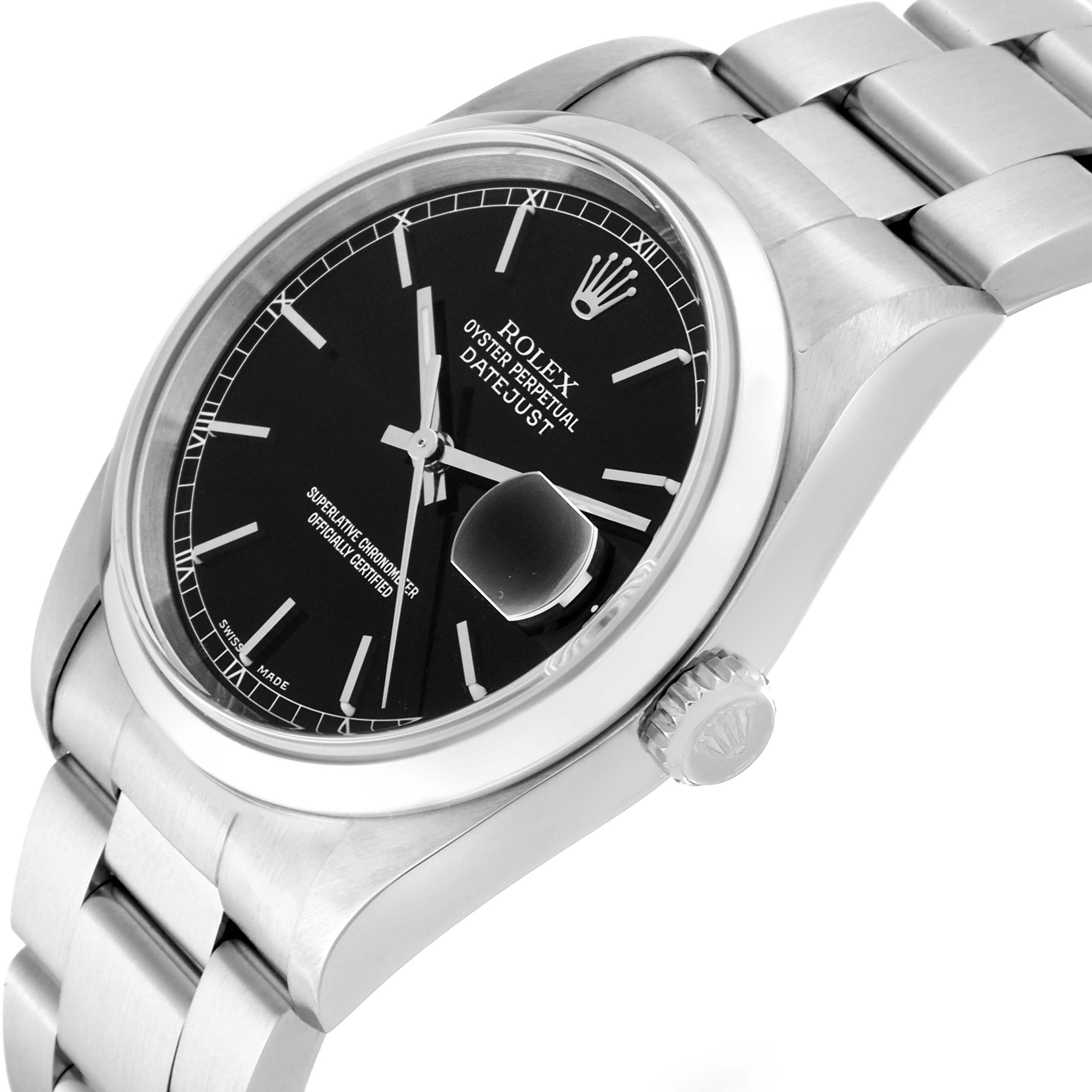 The image shows a Rolex Datejust 16200 Men
s Stainless Steel Black Dial 16200 Men
s Stainless Steel Black Dial watch from an angled side view, highlighting the black dial, crown, and part of the stainless steel bracelet.