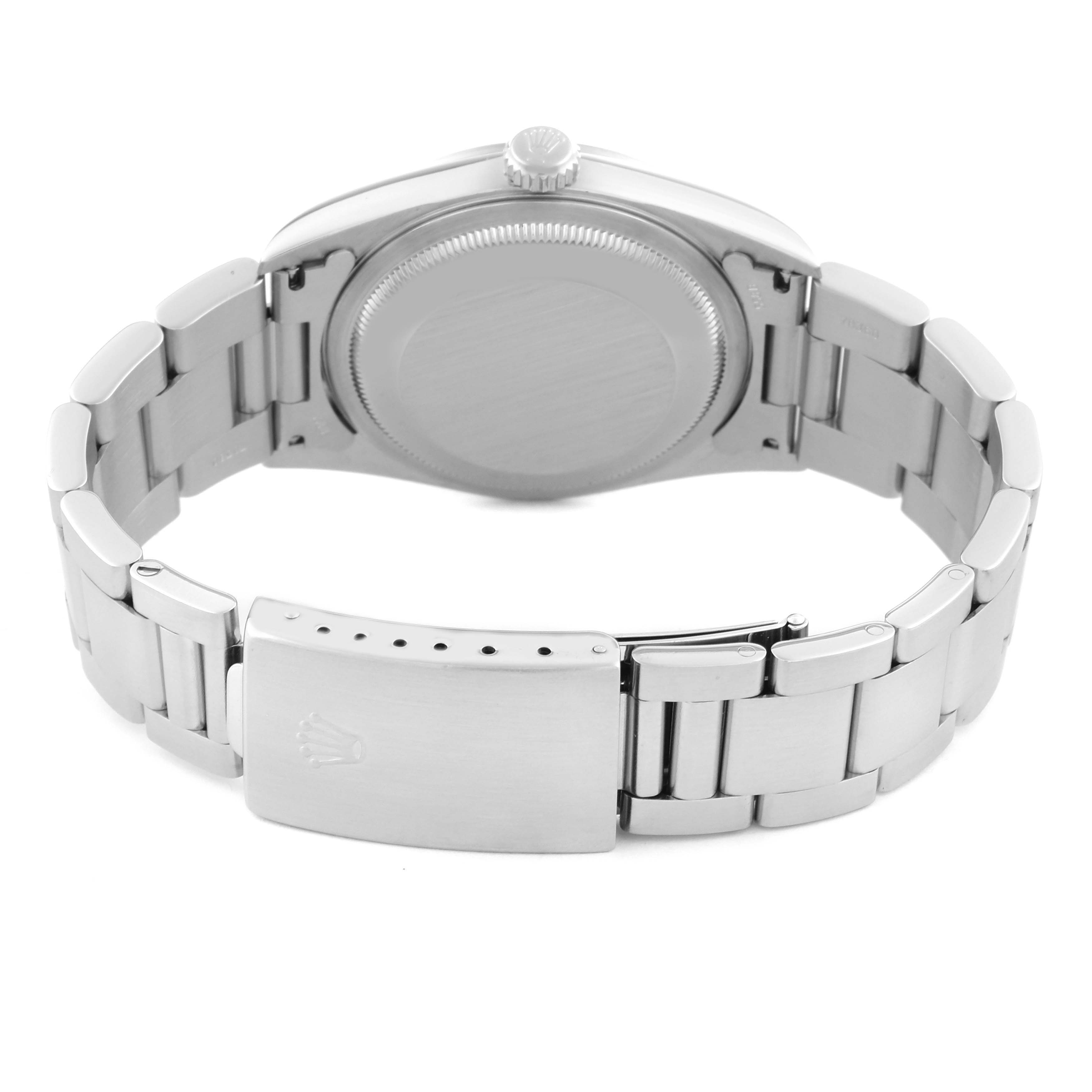 This image shows the back view of a Rolex Datejust 16200 Men
s Stainless Steel Black Dial 16200 Men
s Stainless Steel Black Dial watch, highlighting its bracelet and closed clasp.