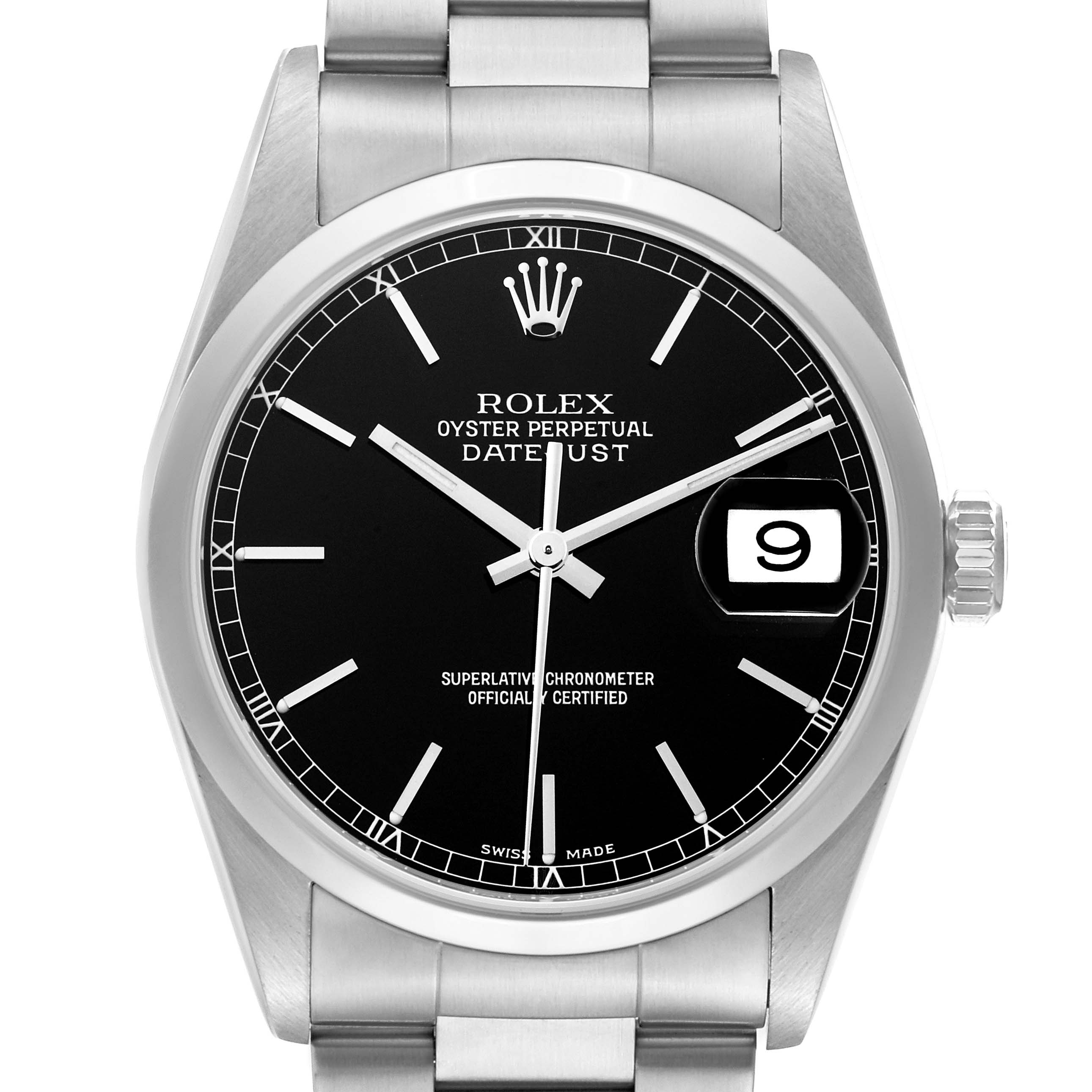 This image shows a frontal view of the Rolex Datejust 16200 Men
s Stainless Steel Black Dial 16200 Men
s Stainless Steel Black Dial, featuring its black dial, date window, and stainless steel bracelet.