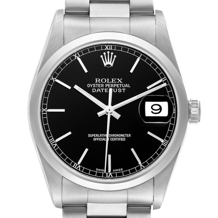 This image shows a frontal view of the Rolex Datejust, featuring its black dial, date window, and stainless steel bracelet.