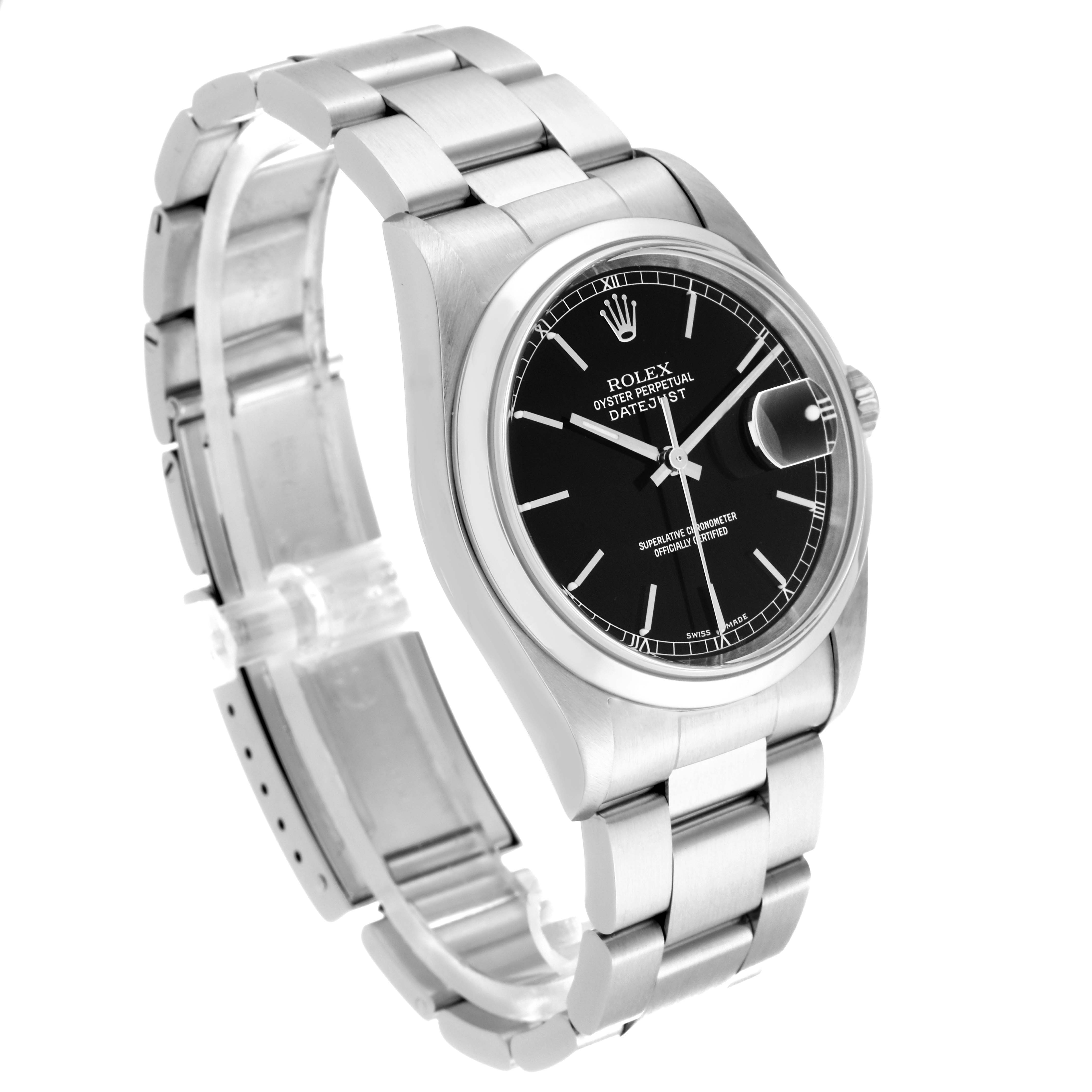 The image shows a Rolex Datejust 16200 Men
s Stainless Steel Black Dial 16200 Men
s Stainless Steel Black Dial watch at a three-quarter angle, displaying the face, bezel, and metal bracelet.