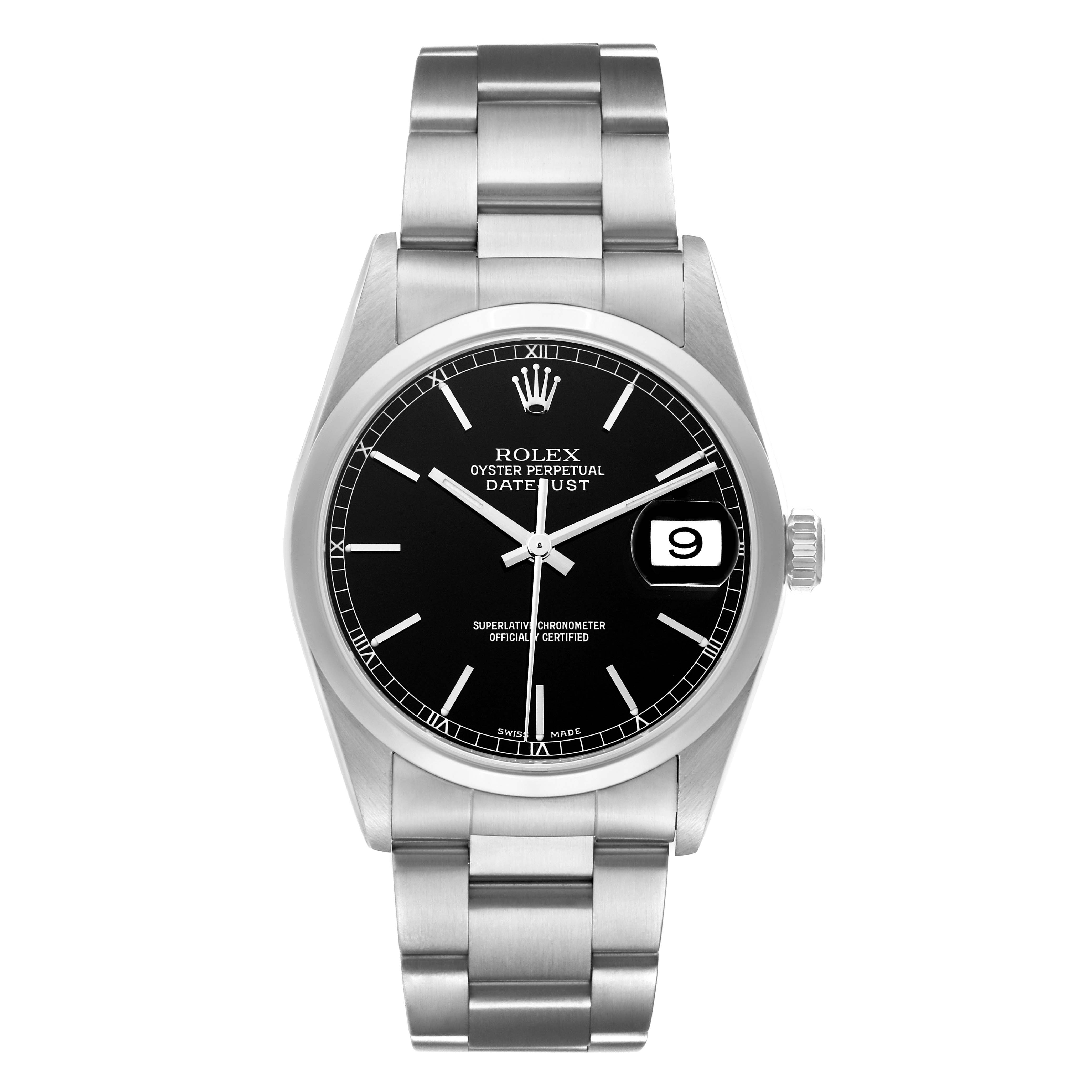 This image shows the front view of a Rolex Datejust 16200 Men
s Stainless Steel Black Dial 16200 Men
s Stainless Steel Black Dial watch with a black dial and stainless steel bracelet.