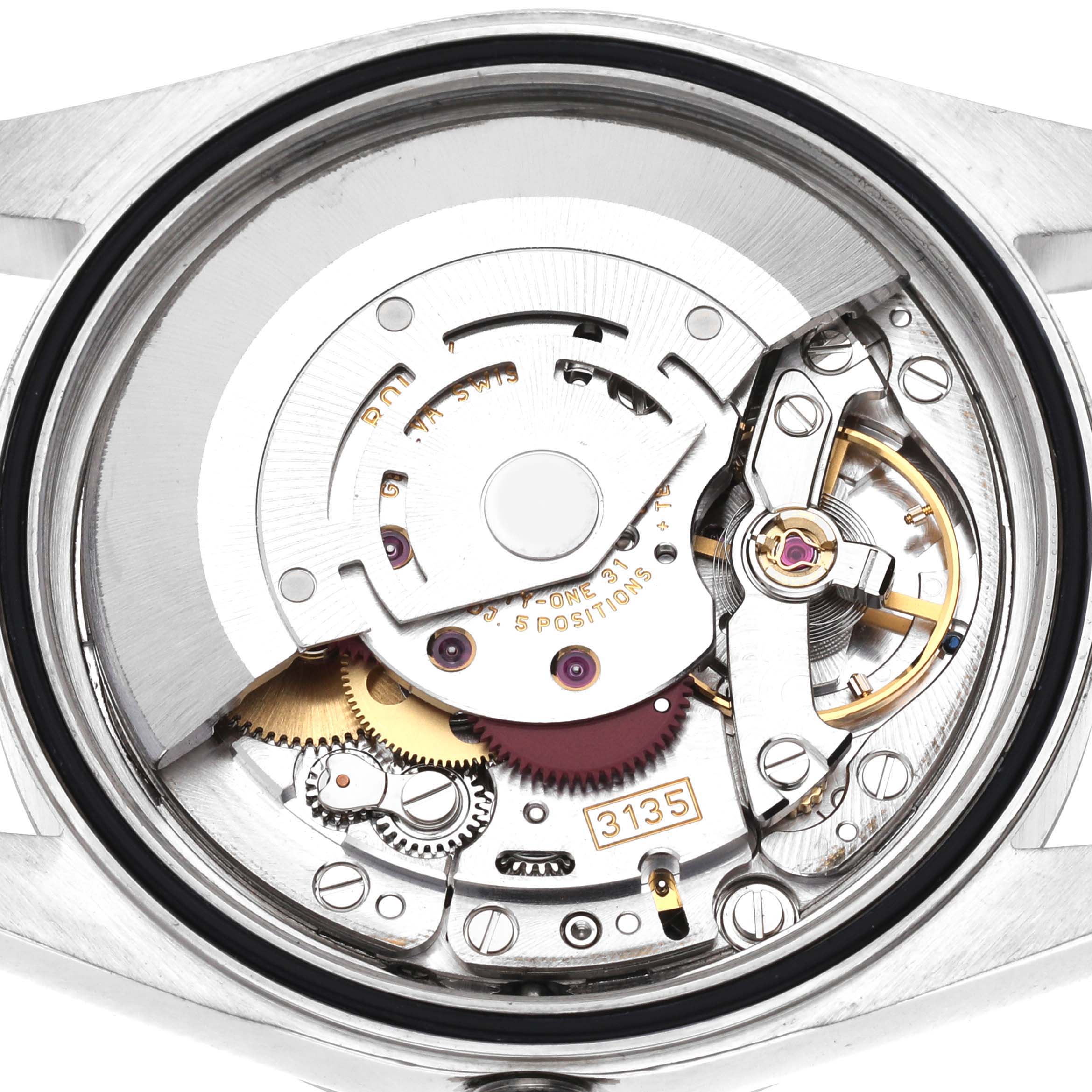 This image shows the internal mechanism of a Rolex Datejust 16200 Men
s Stainless Steel Black Dial 16200 Men
s Stainless Steel Black Dial watch from the back.