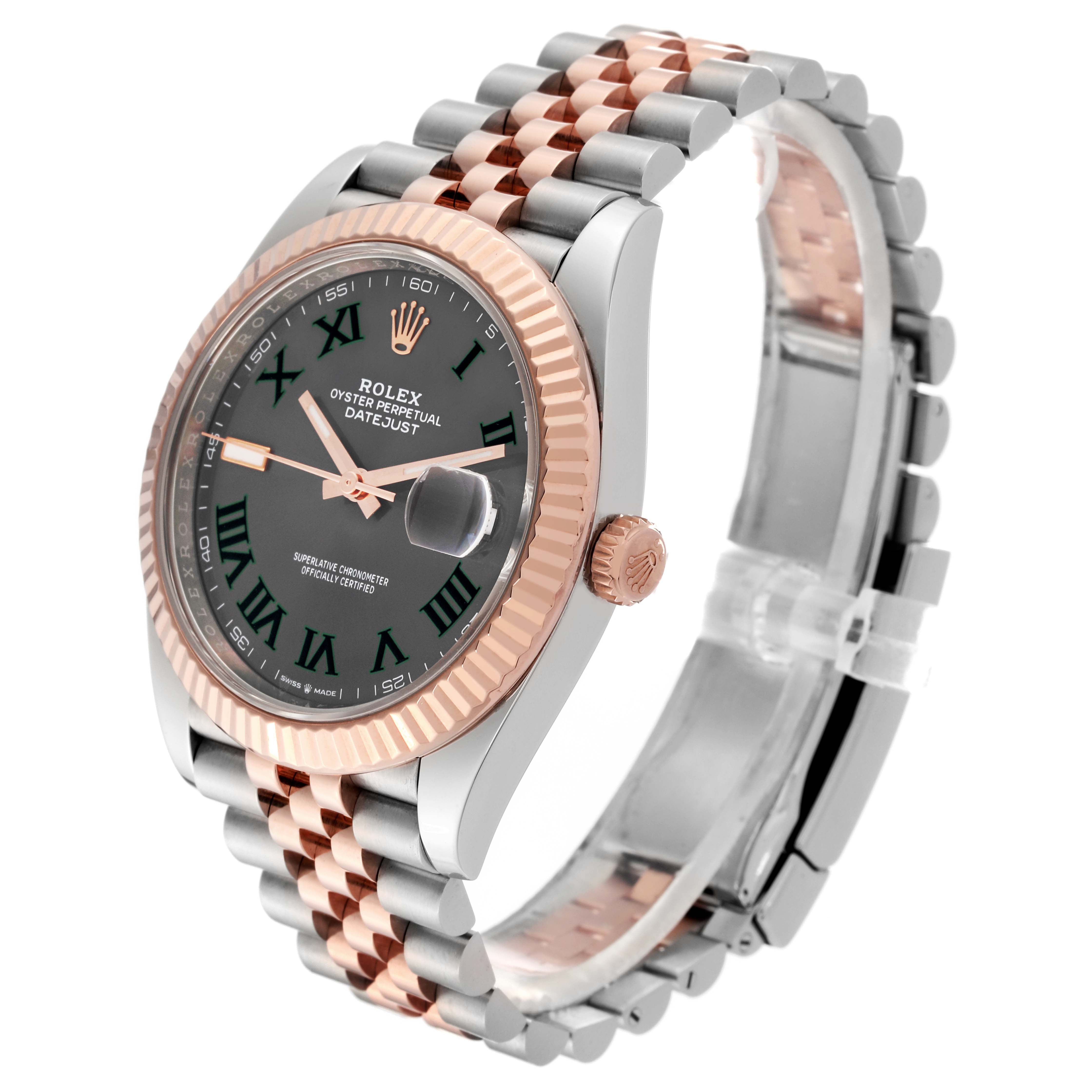 This image shows a Rolex Datejust 41 126331 Men's Steel and Gold (two tone) Grey Dial 126331 Men's Steel and Gold (two tone) Grey Dial watch angled to display the face, bezel, crown, and part of the bracelet.