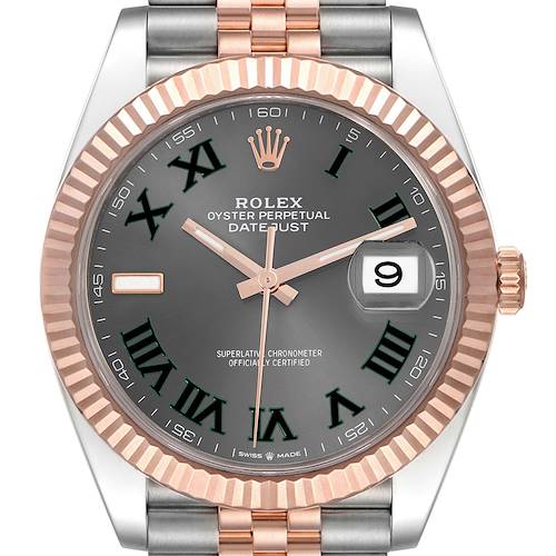 The image shows the face and part of the bracelet of a Rolex Datejust 41 watch, displaying its dial, hands, and date window.