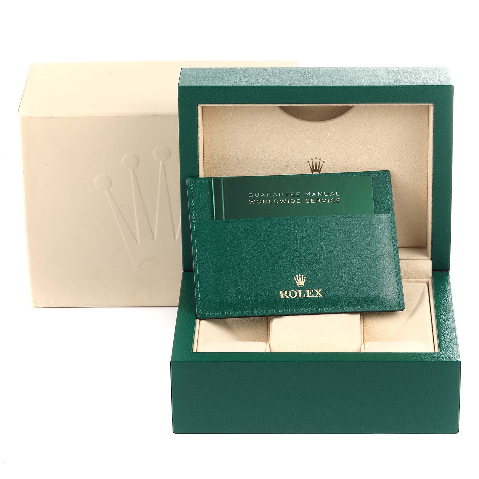 The image shows the packaging for a Rolex Datejust 41 126331 Men's Steel and Gold (two tone) Grey Dial 126331 Men's Steel and Gold (two tone) Grey Dial, featuring a green outer box, an inner box, and a guarantee manual.