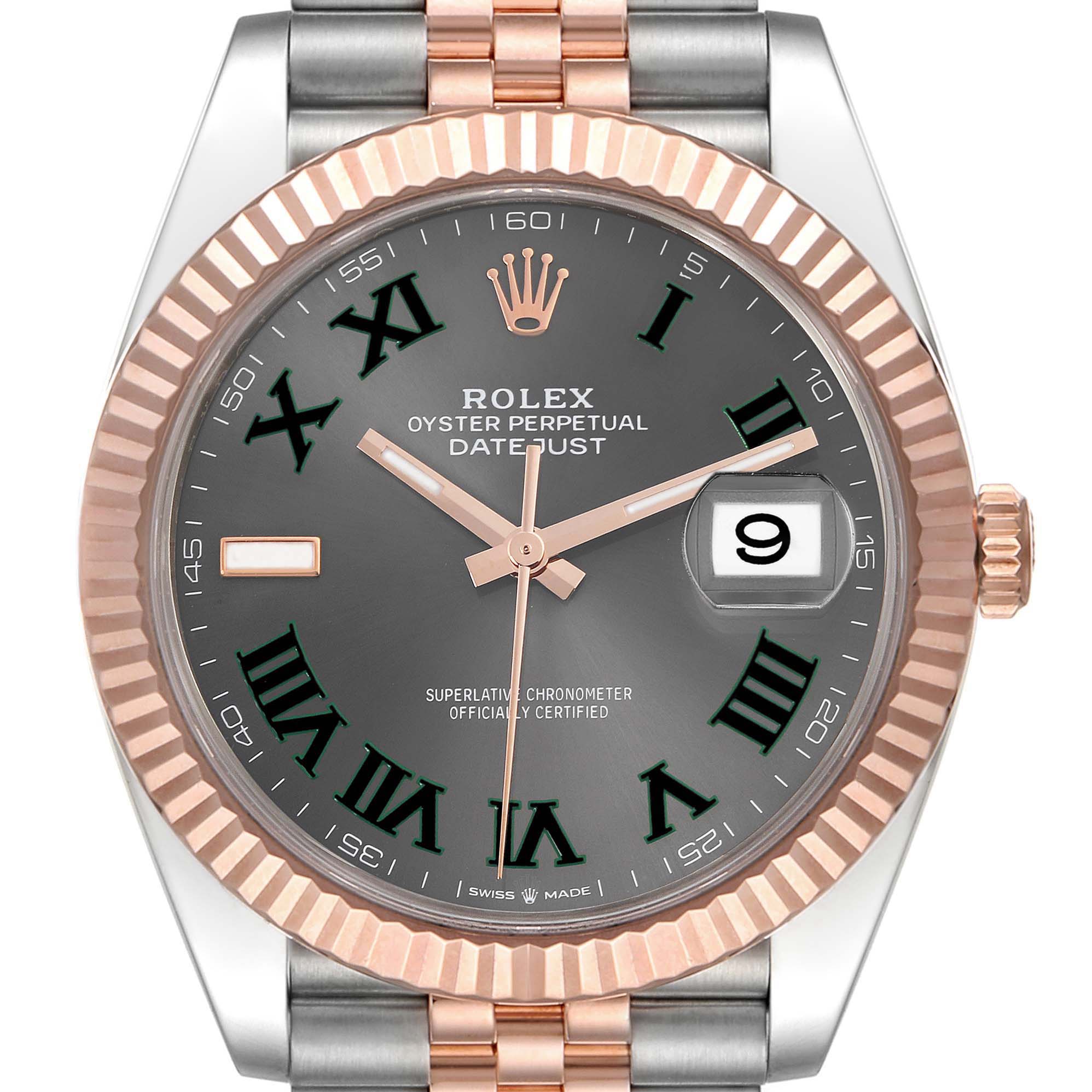 This image shows a frontal view of the Rolex Datejust 41 126331 Men's Steel and Gold (two tone) Grey Dial 126331 Men's Steel and Gold (two tone) Grey Dial, highlighting the dial, fluted bezel, hands, and partially the bracelet.