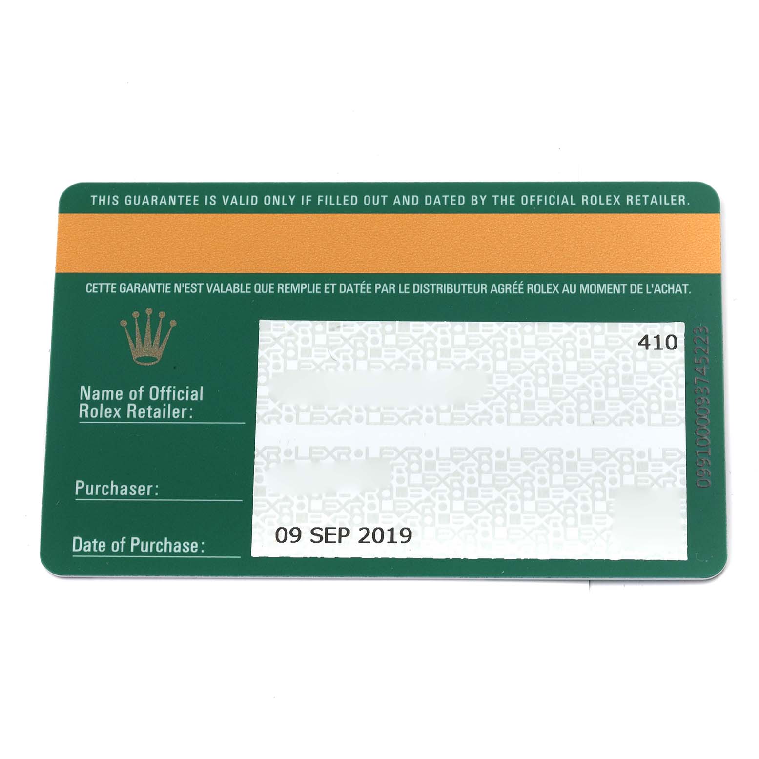 This image shows a green warranty card for the Rolex Datejust 41 126334 Men
s Stainless Steel Blue Dial 126334 Men
s Stainless Steel Blue Dial with purchase details and date of purchase.