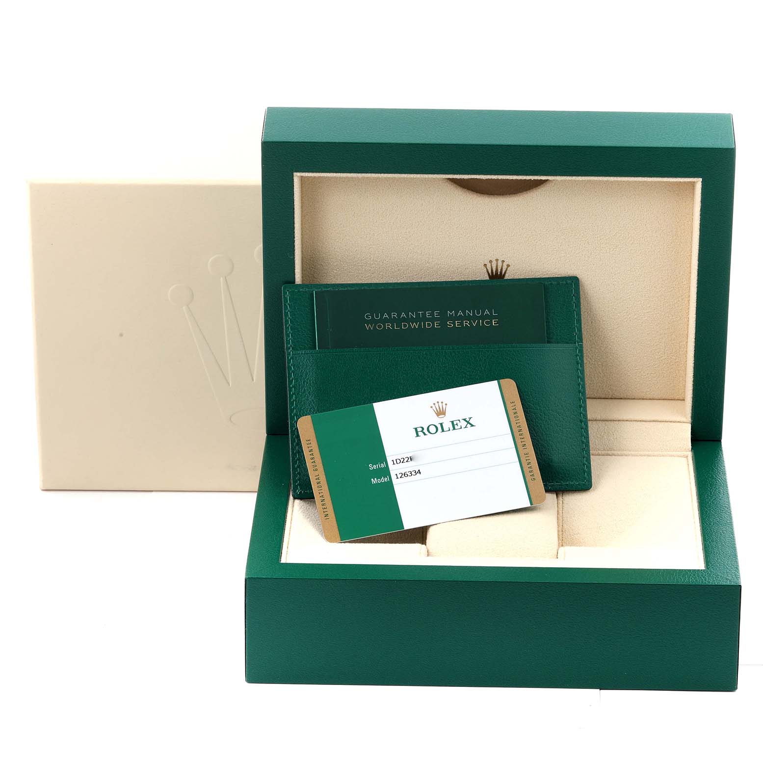 A Rolex Datejust 41 126334 Men
s Stainless Steel Blue Dial 126334 Men
s Stainless Steel Blue Dial box is shown with guarantee manual, service booklet, and warranty card.