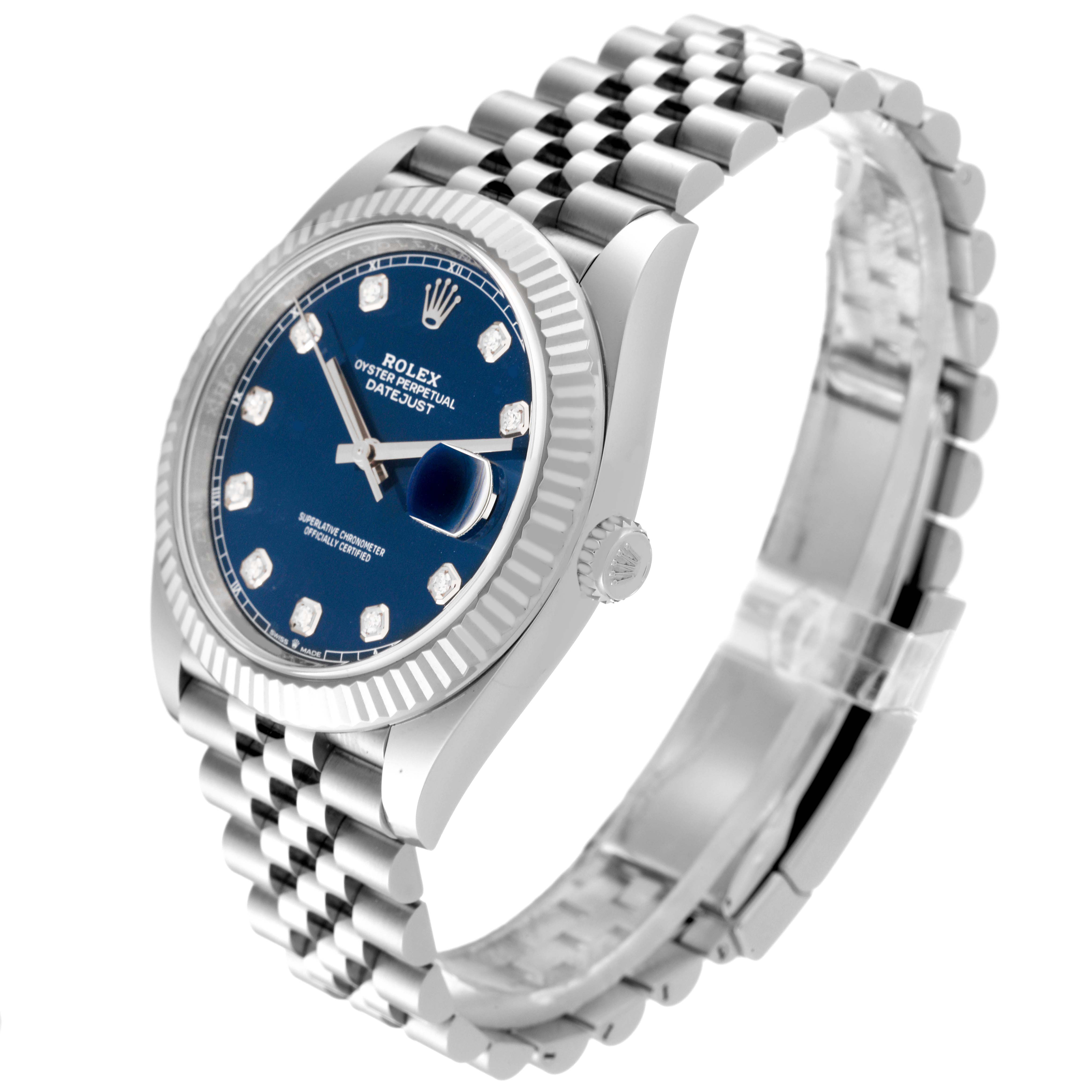 This is a side angle view of a Rolex Datejust 41 126334 Men
s Stainless Steel Blue Dial 126334 Men
s Stainless Steel Blue Dial watch, showcasing its blue dial, bezel, and bracelet.