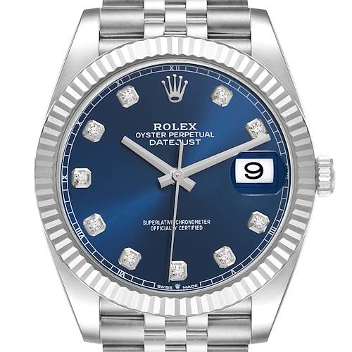 This image shows a front angle of the Rolex Datejust 41, highlighting its blue dial, fluted bezel, and Jubilee bracelet.