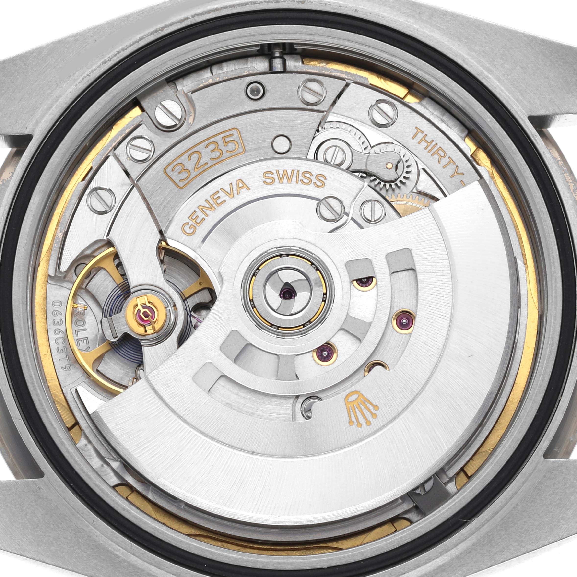 This image shows the movement mechanism of the Rolex Datejust 41 126334 Men
s Stainless Steel Blue Dial 126334 Men
s Stainless Steel Blue Dial watch, viewed from the back.